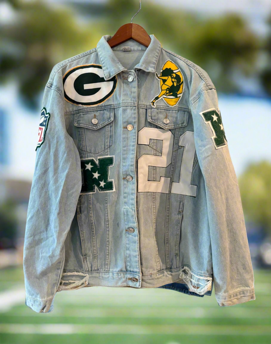 Reworked distressed Game Day Denim Jean Jacket