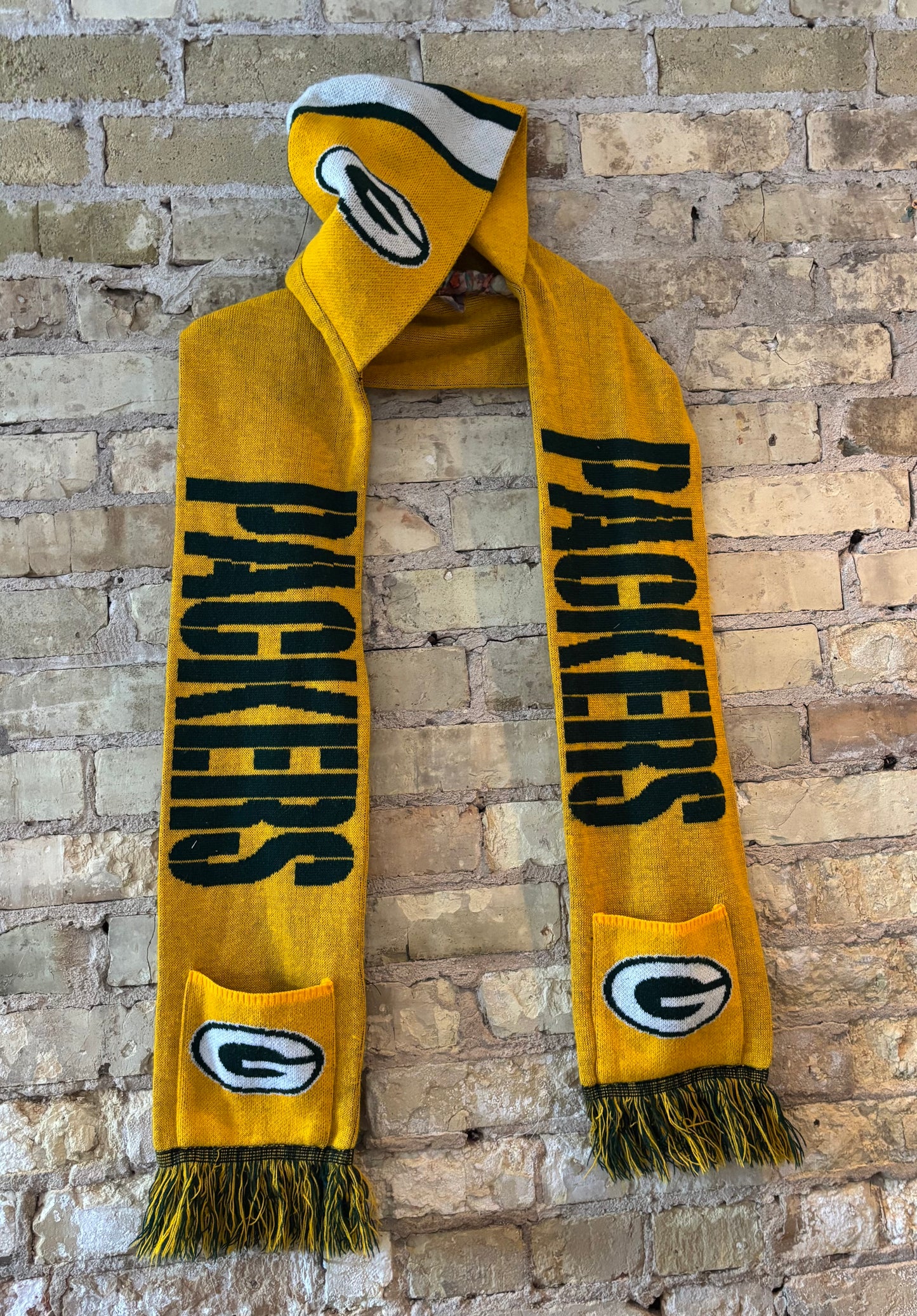 Vintage Rare NFL PACKERS winter scarf with Helmet Hoodie & Pockets & Fringe