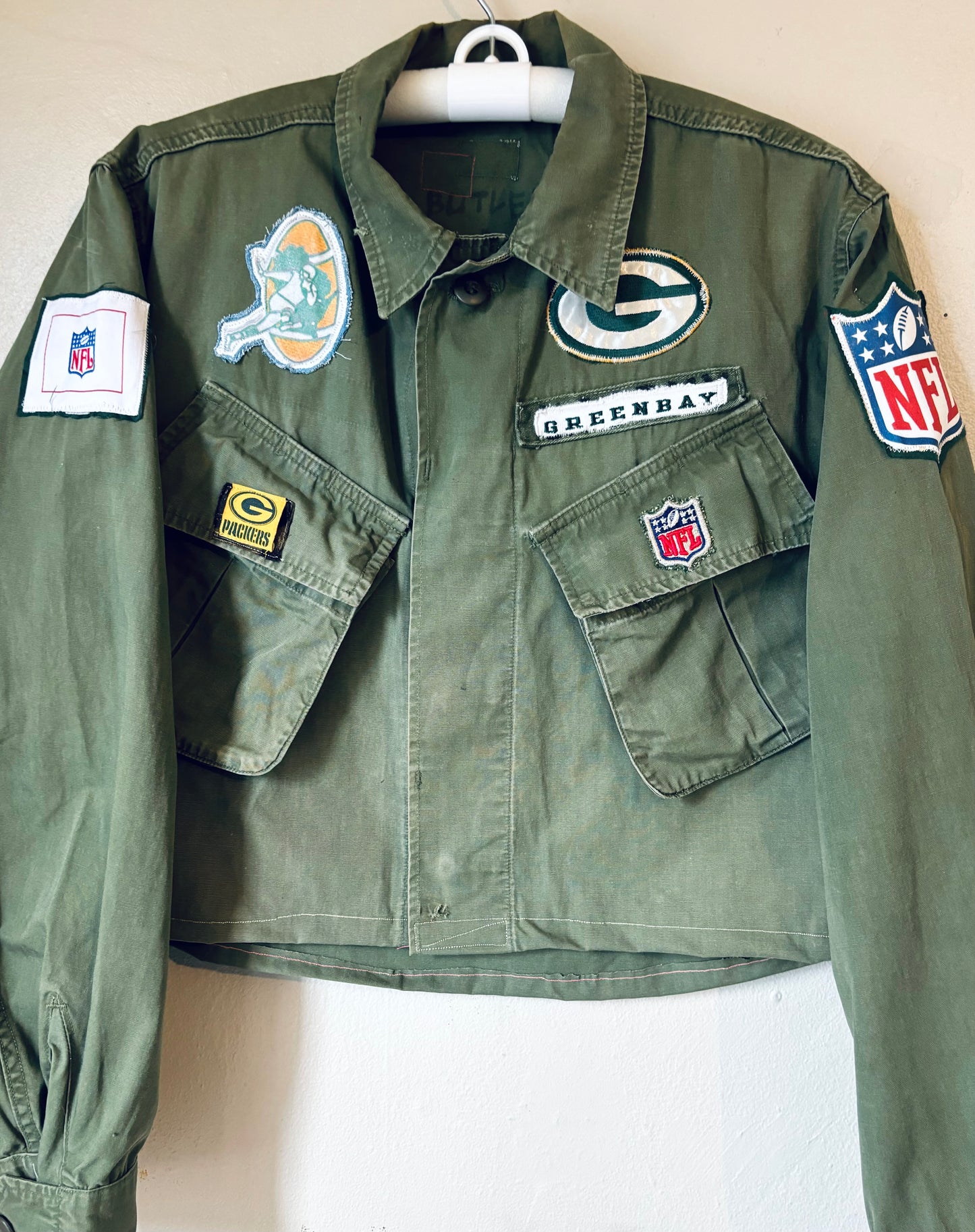 Reworked vintage Military Cropped Game Day Jacket