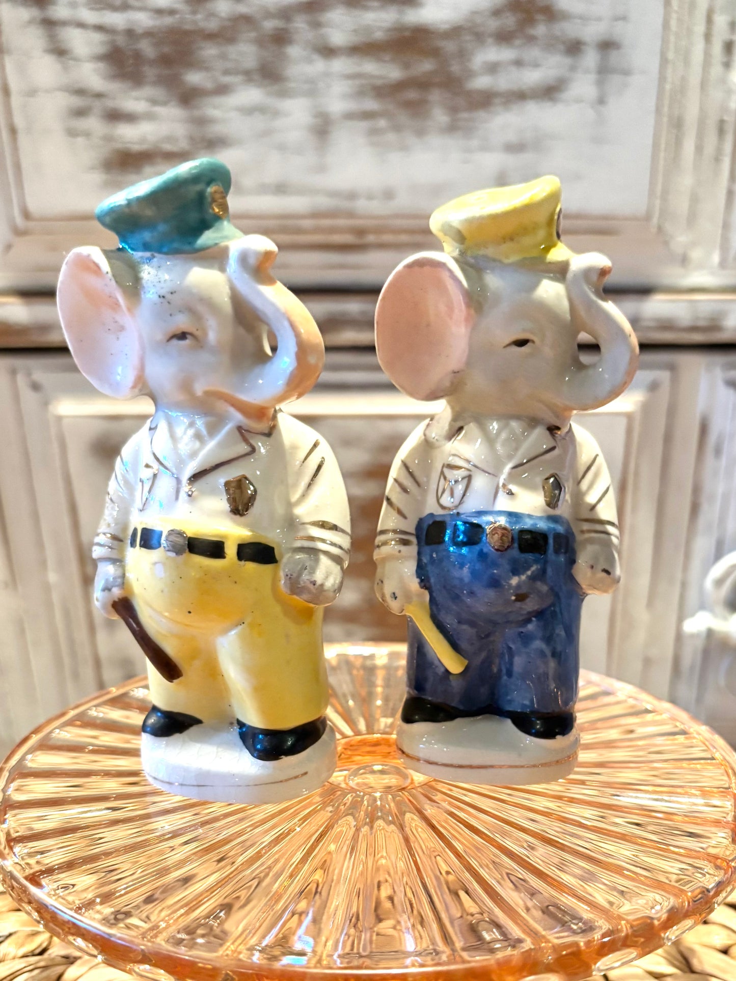 Vintage Rare Police Elephants Trunk up Salt & Pepper Shaker set