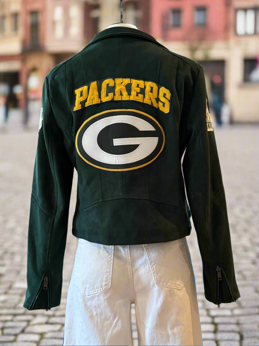 Reworked Green Moto Style velvet Packers Game Day Jacket
