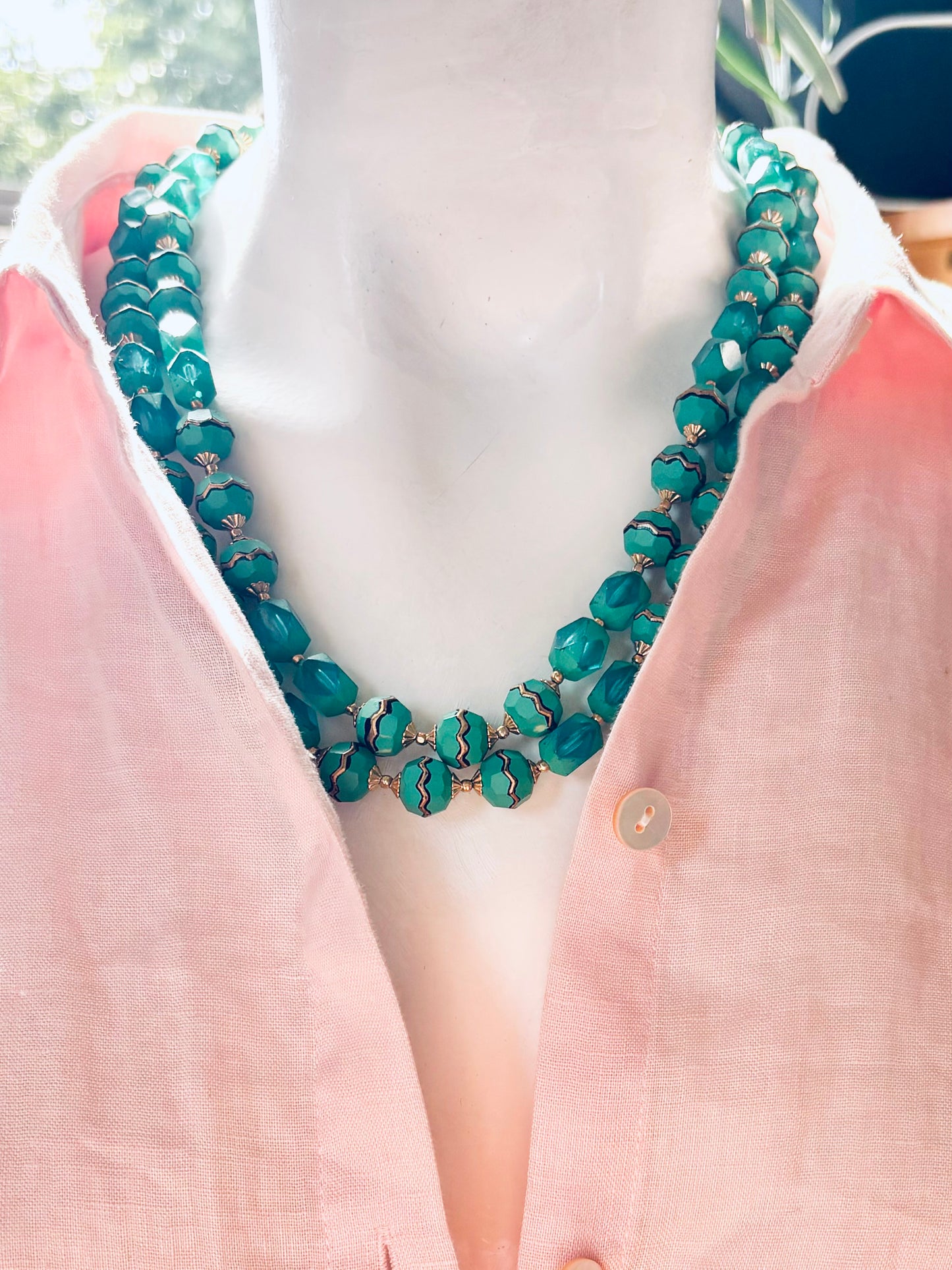 Vintage Turquoise & Gold double Strand beaded Necklace