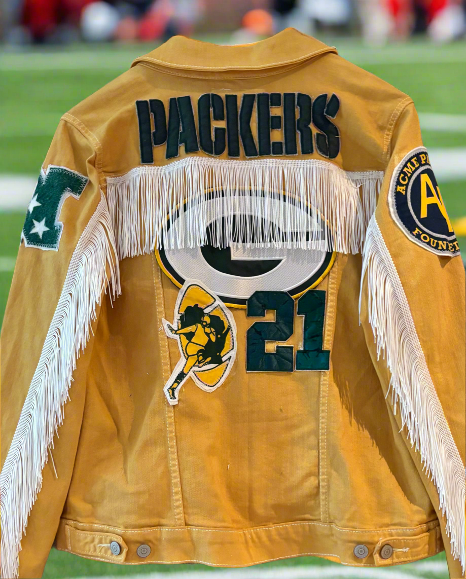 Reworked Packers Game Day Denim Jean Jacket with Fringe
