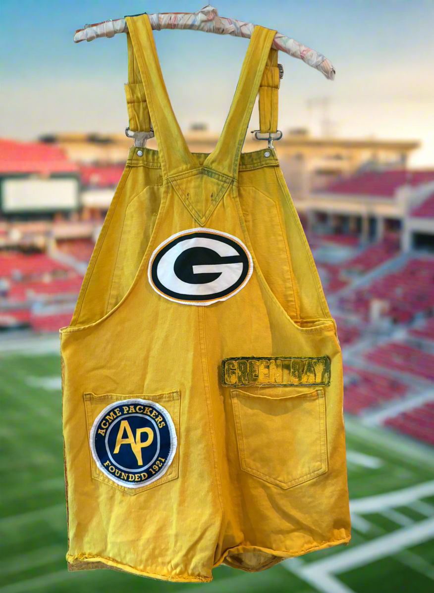 Reworked over dyed Distressed Game Day Bib Overall Cutoffs