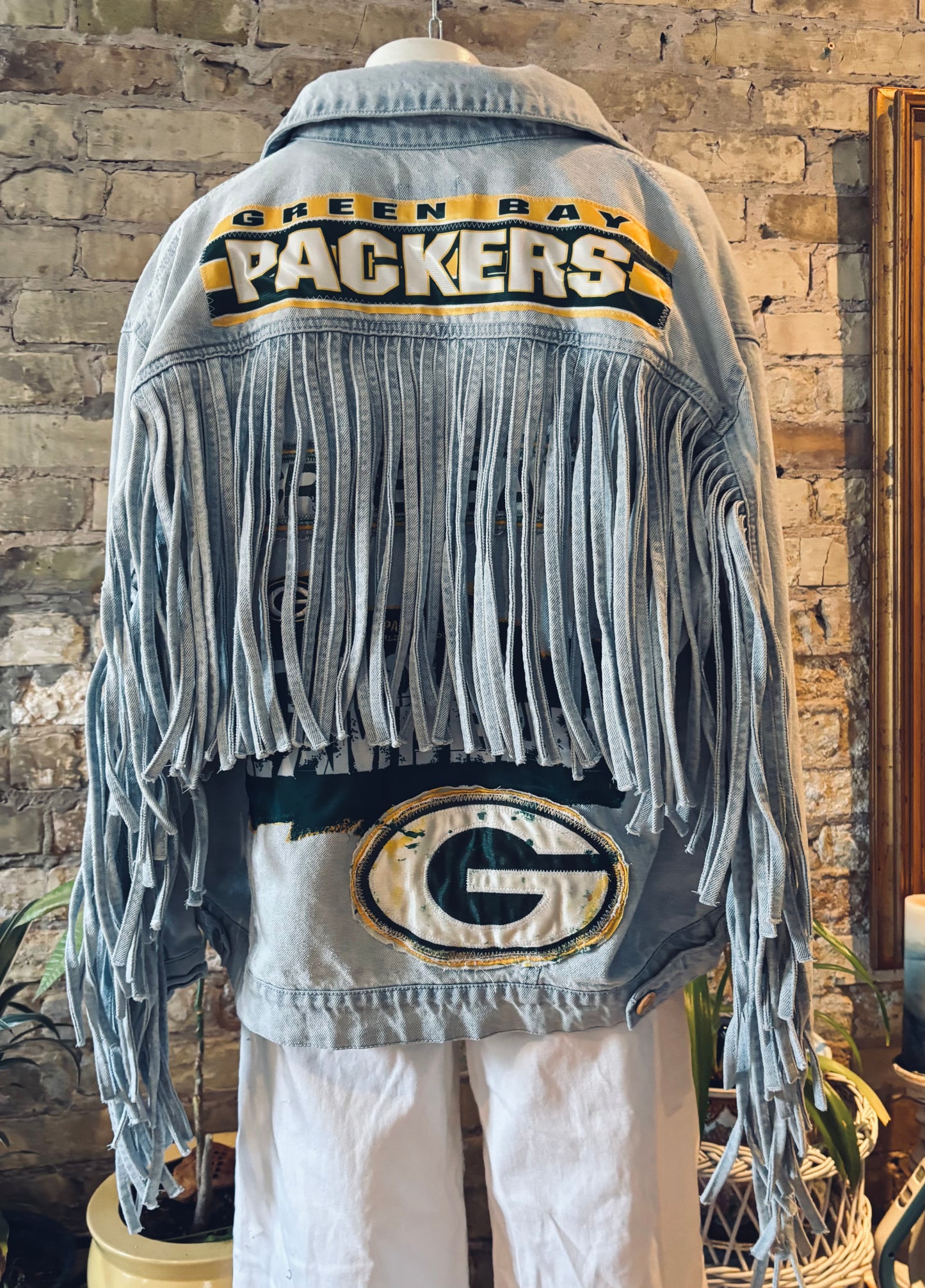 Reworked Vintage Boho Fringe Game Day Denim Jean Jacket