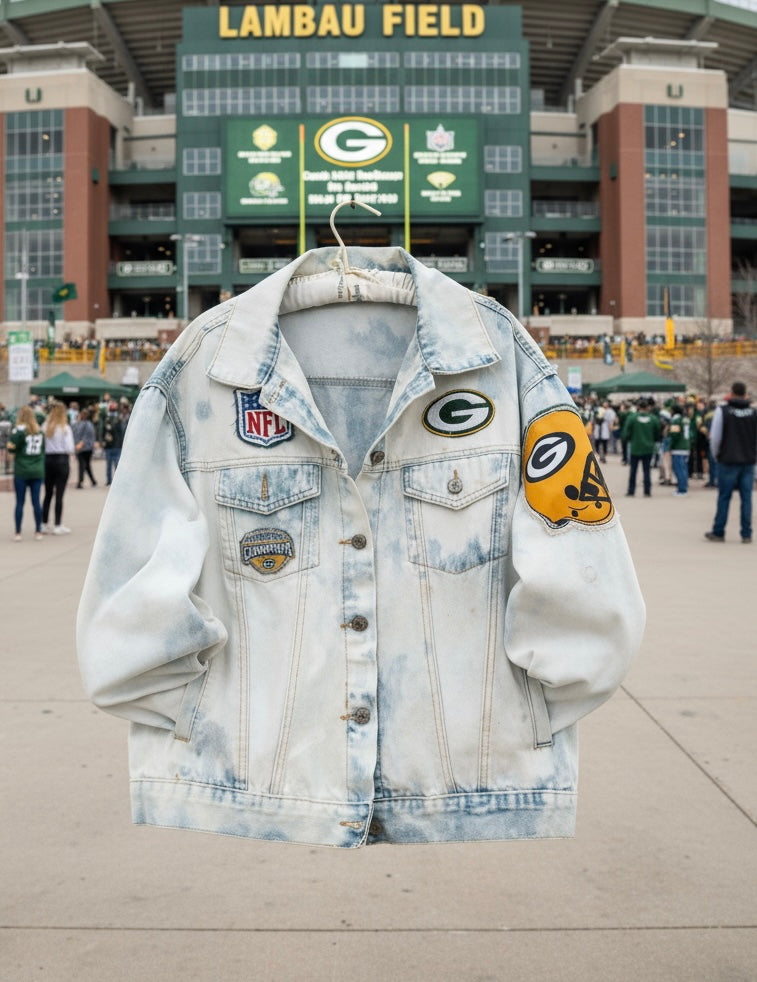 Reworked Vintage Distressed Game Day Trucker Denim Jean Jacket