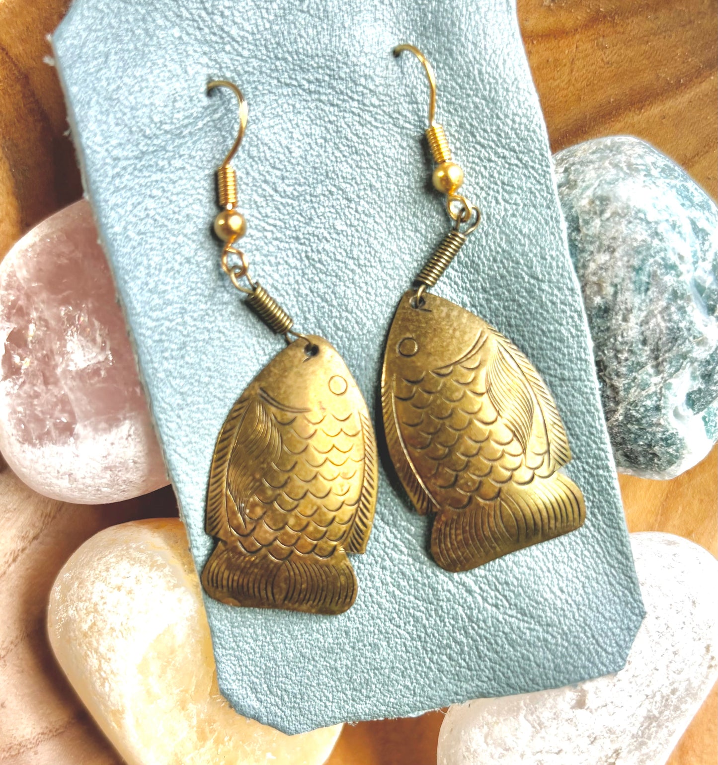 Vintage Etched Brass floating Fish Earrings