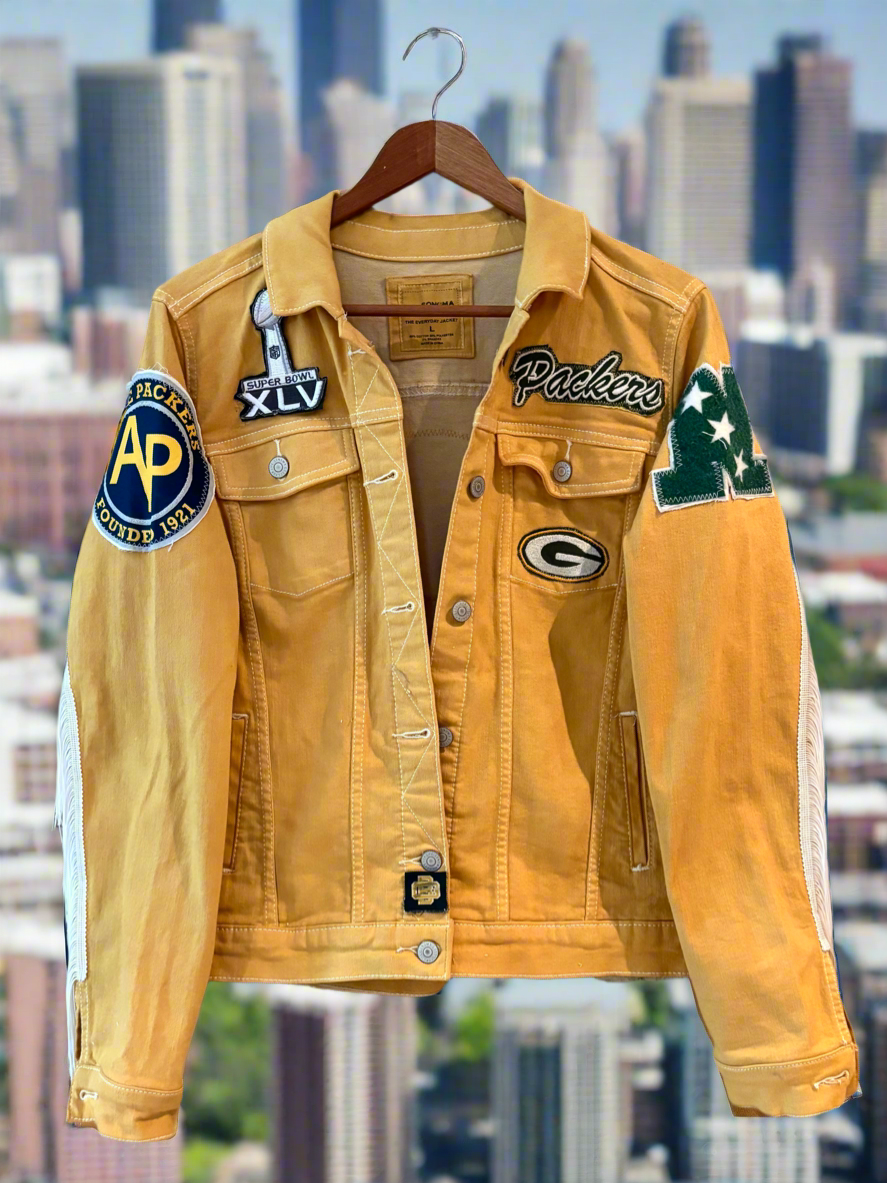 Reworked Packers Game Day Denim Jean Jacket with Fringe