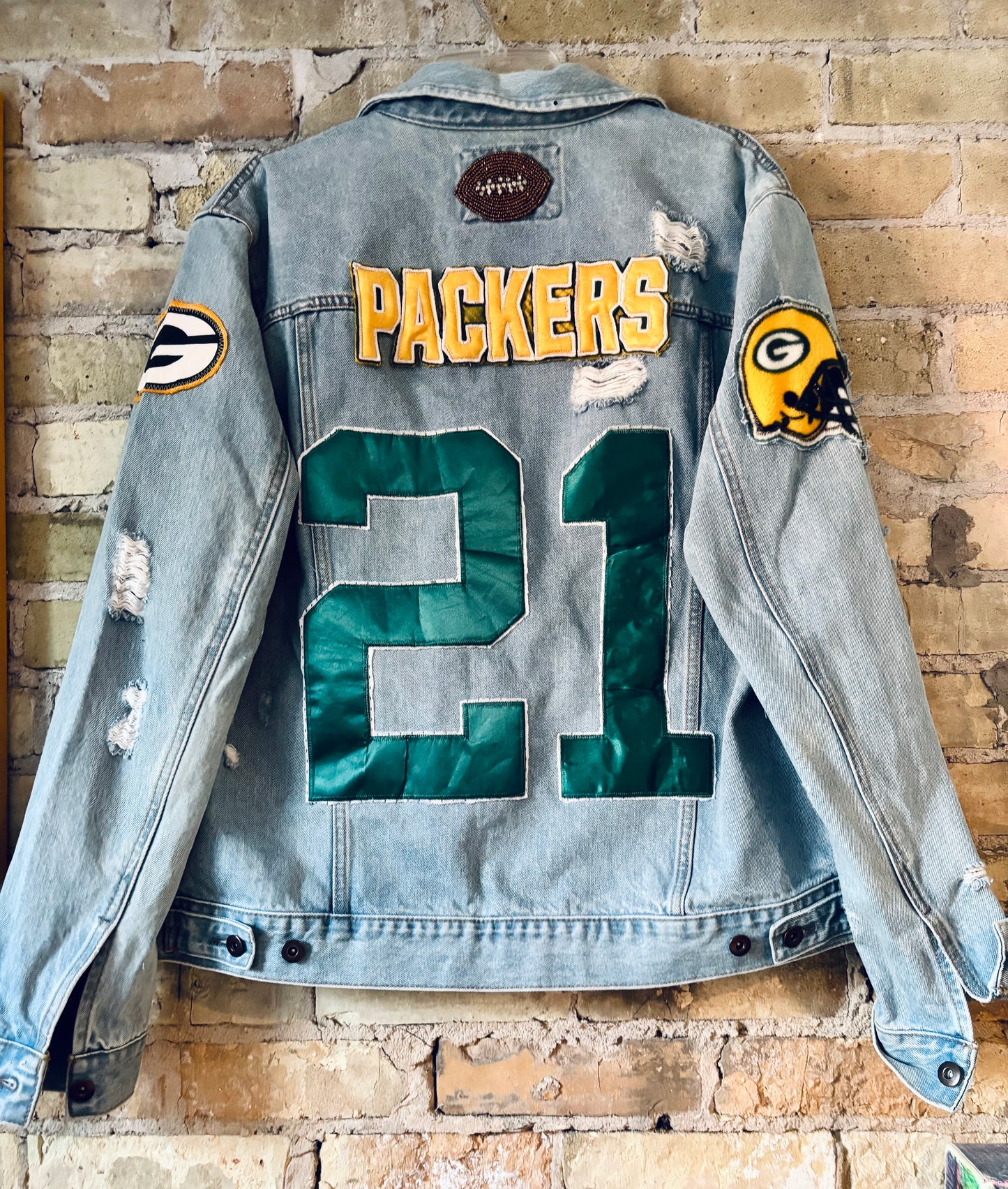 Reworked Retro distressed Game Day Denim Jean Jacket