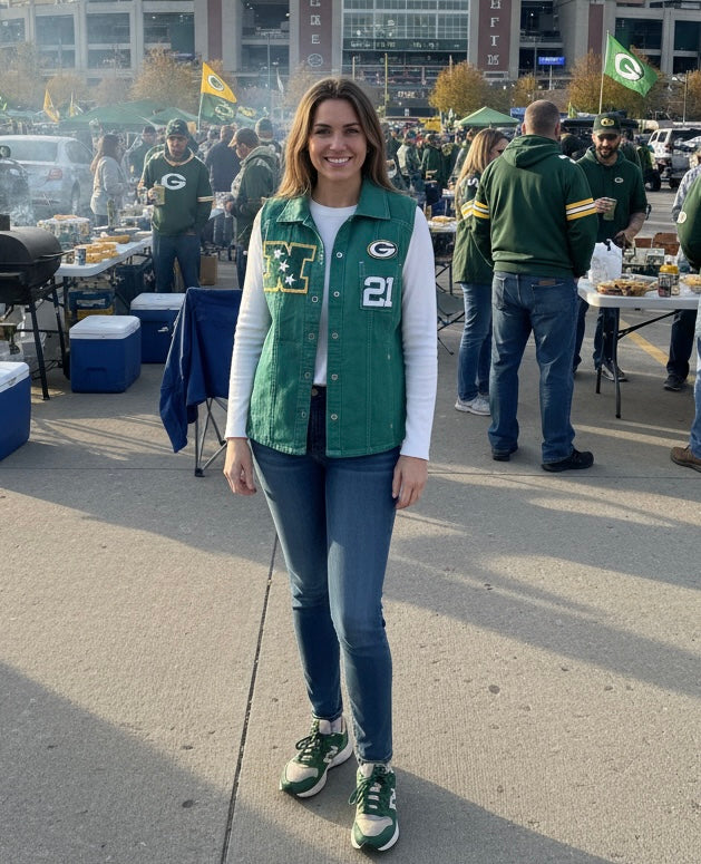 Reworked Packers over dyed Game Day Denim Jean Vest