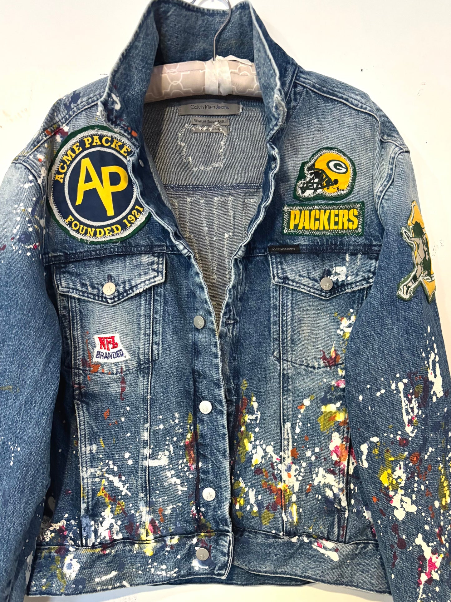Reworked Retro Distressed Game Day Paint Splattered Custom Denim Jean Jacket