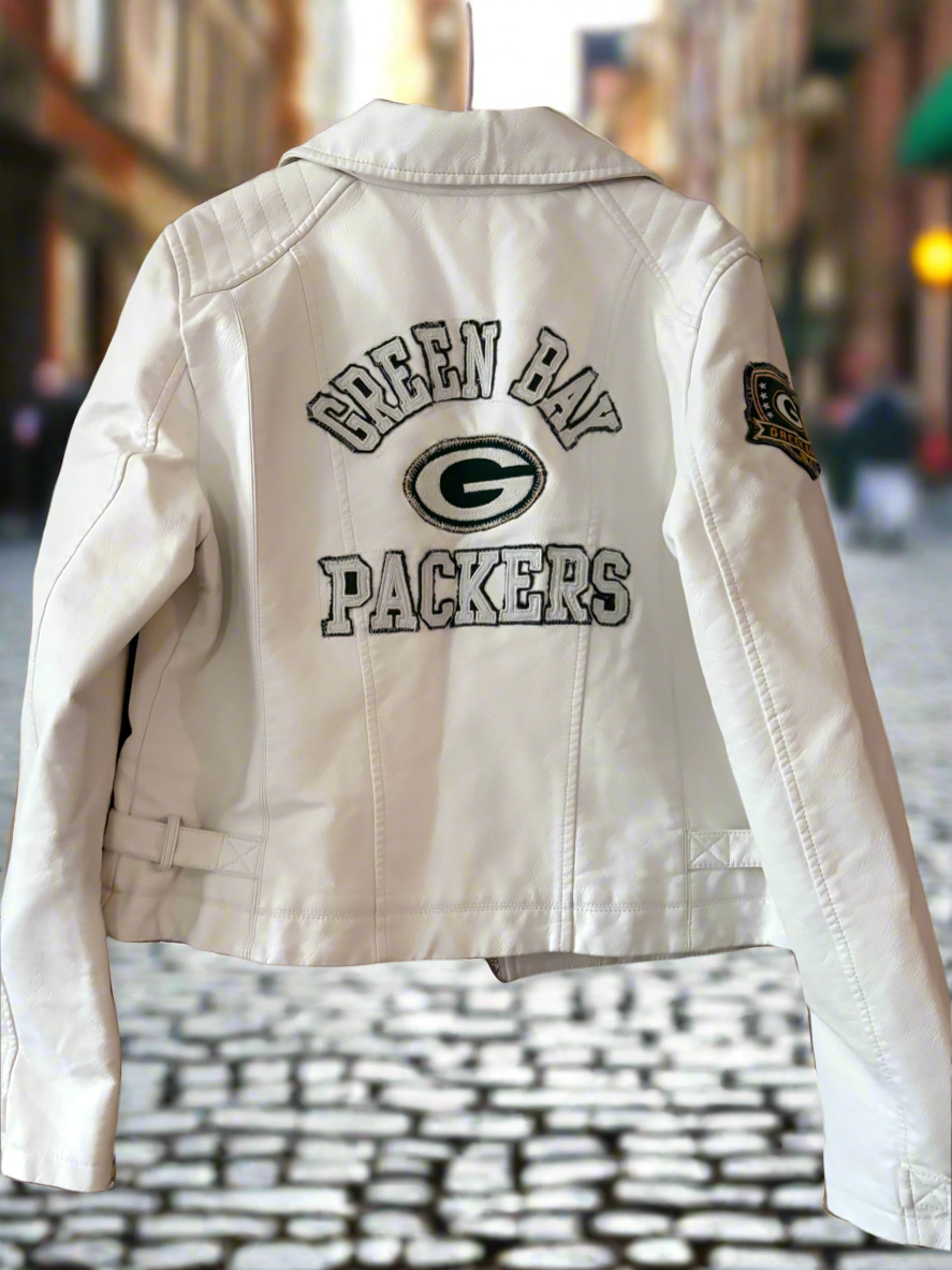 Reworked White Leather Moto Game Day Jacket