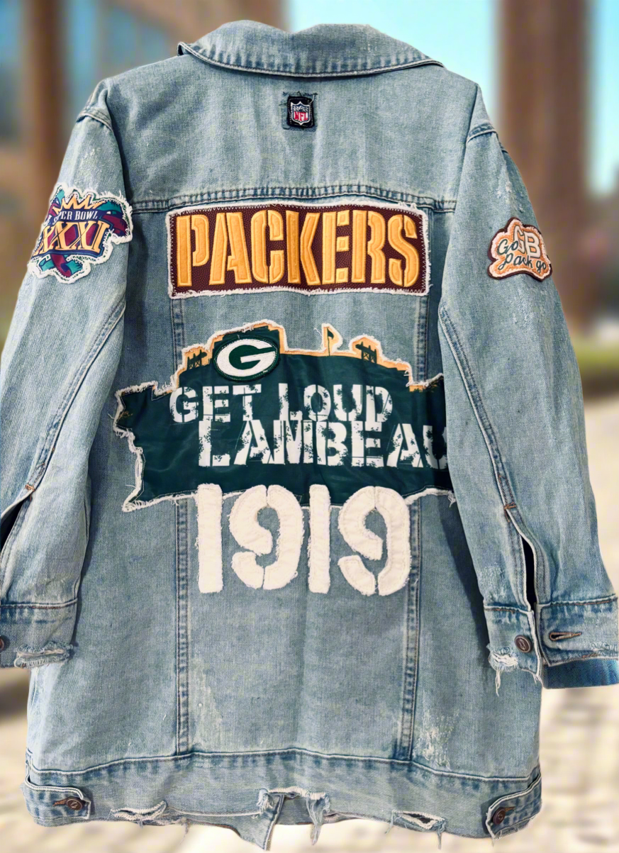 Reworked Packers long Retro Game Day Denim Jean Jacket