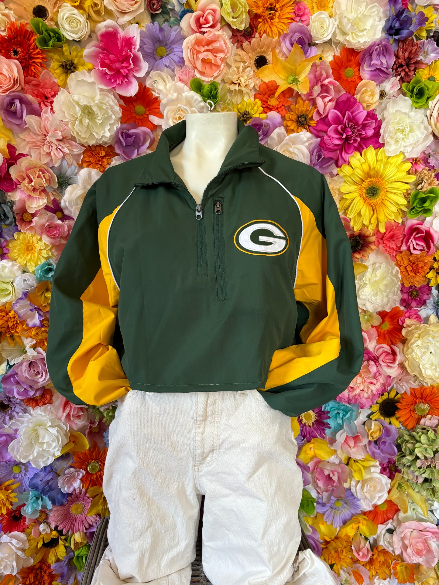Reworked Vintage Green Bay Packers Cropped Color Block 1/4 Zip Windbreaker