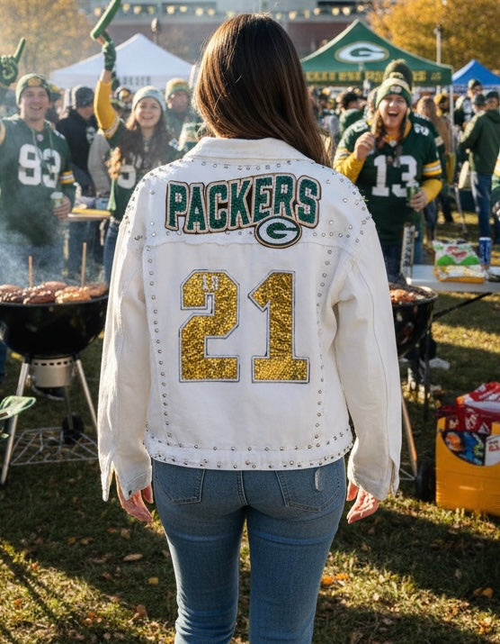 Reworked distressed studded Game day Denim Jacket