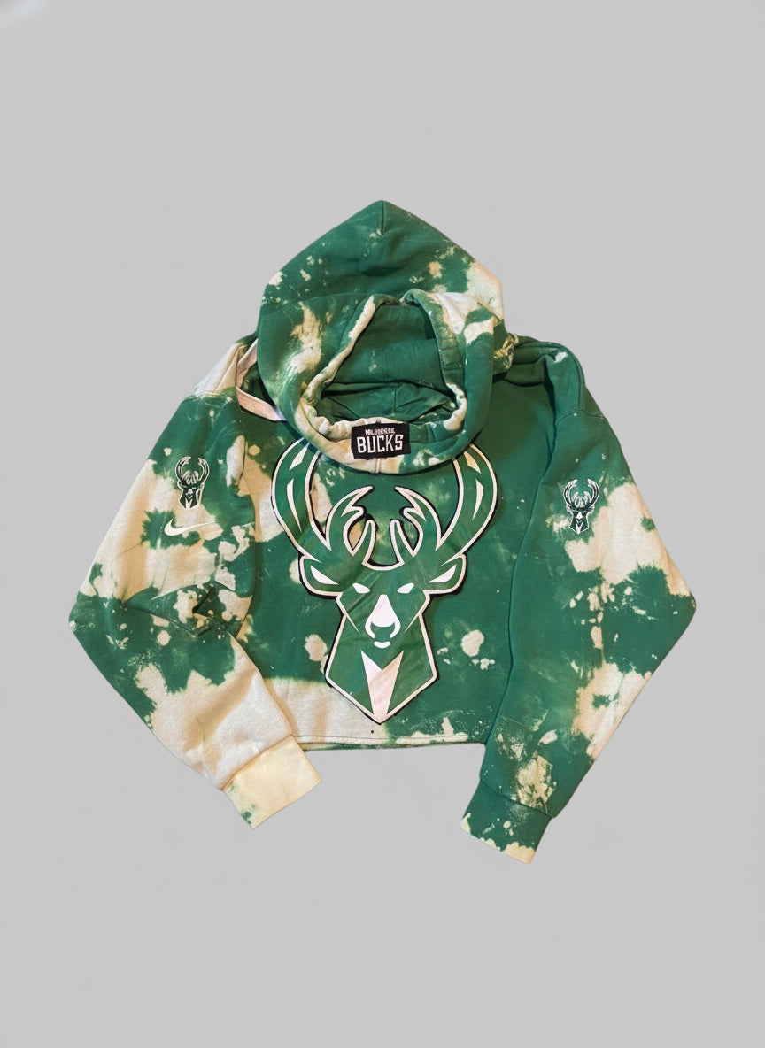Reworked Custom Made Milwaukee Bucks Distressed Cropped Hoodie