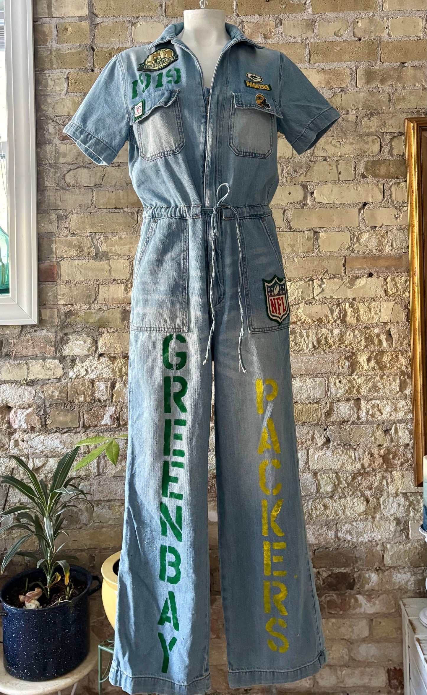 Reworked Denim GameDay Jumpsuit Romper