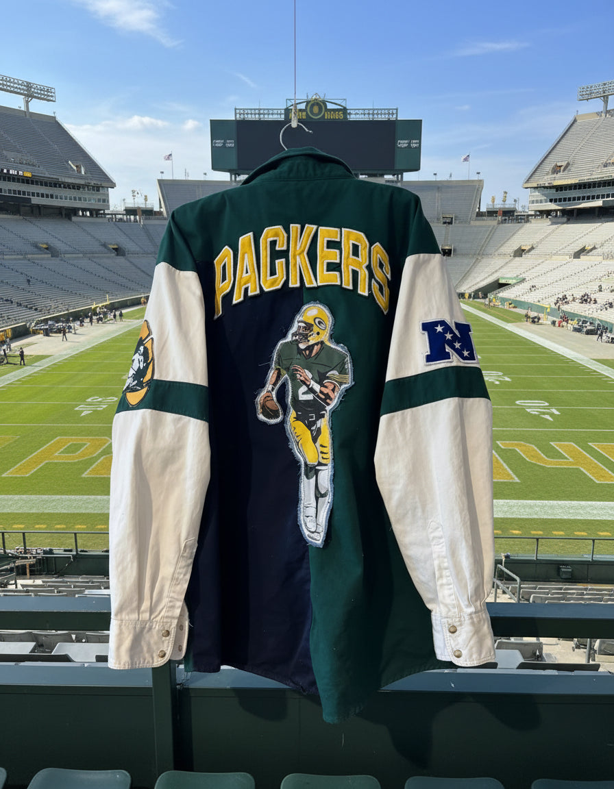 Reworked Oversized Retro Game Day Color Block Denim Jean Shirt