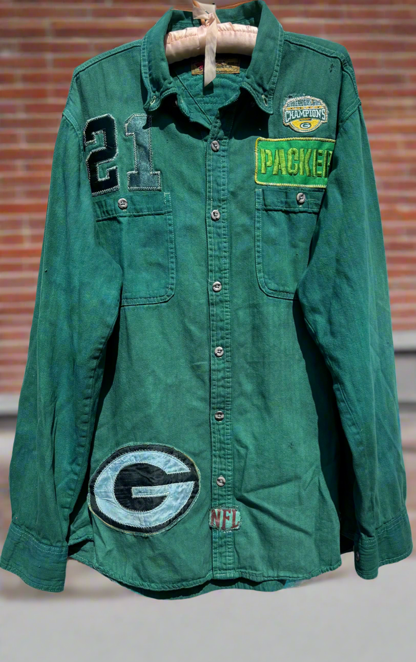 Reworked Retro over dyed Game Day Denim Jean Shirt