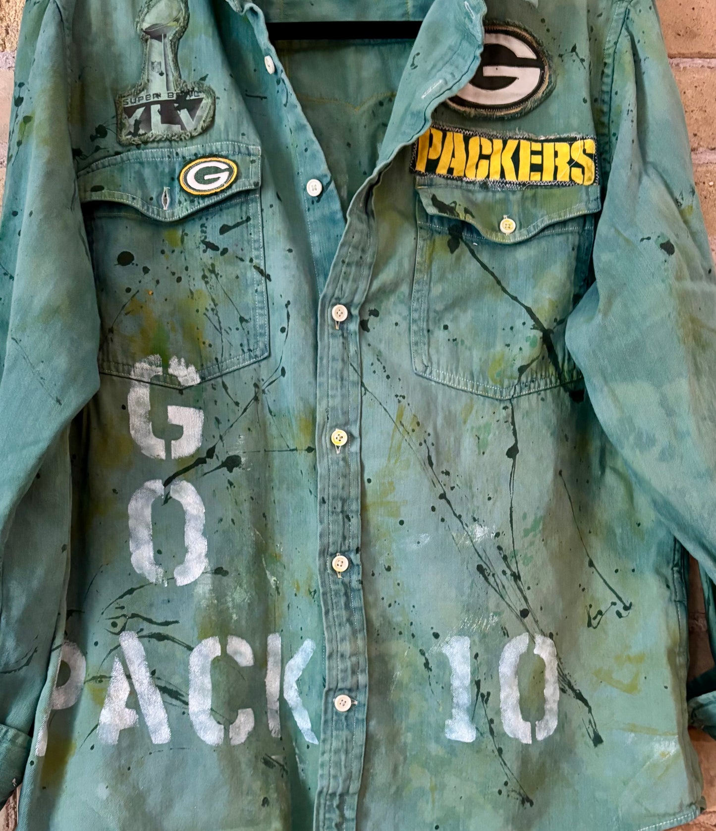 Reworked Retro over dyed Splattered Game Day Denim Jean Shirt