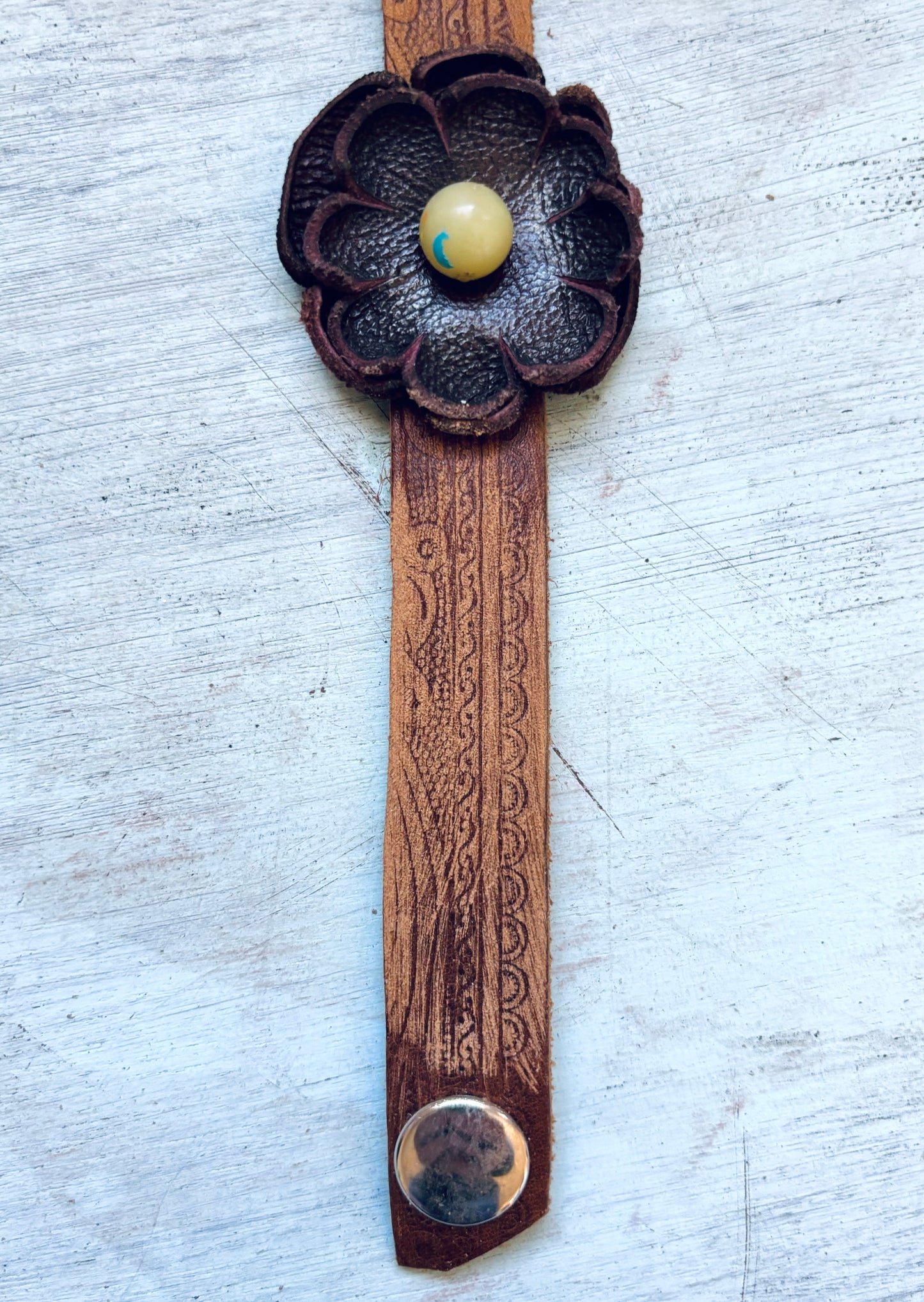 Handmade Distressed Leather Flower Bracelet