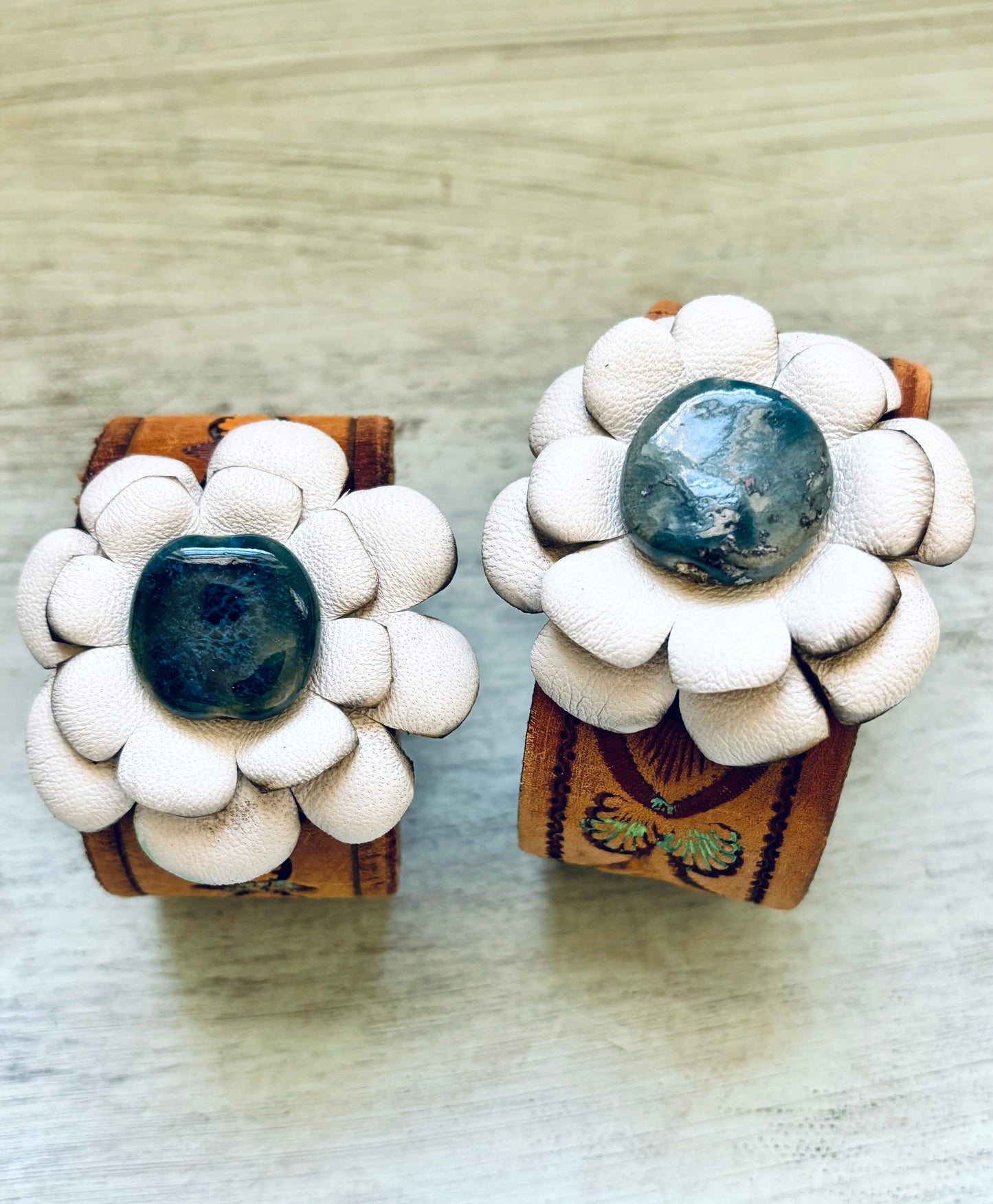 Hand Tooled Reclaimed Leather Flower Bracelet