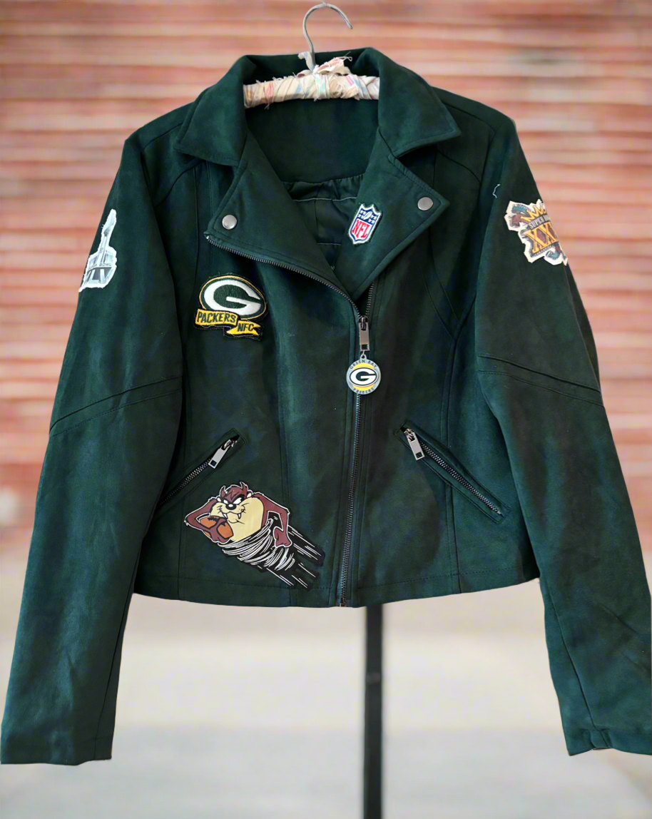 Reworked Green Moto Style velvet Packers Game Day Jacket