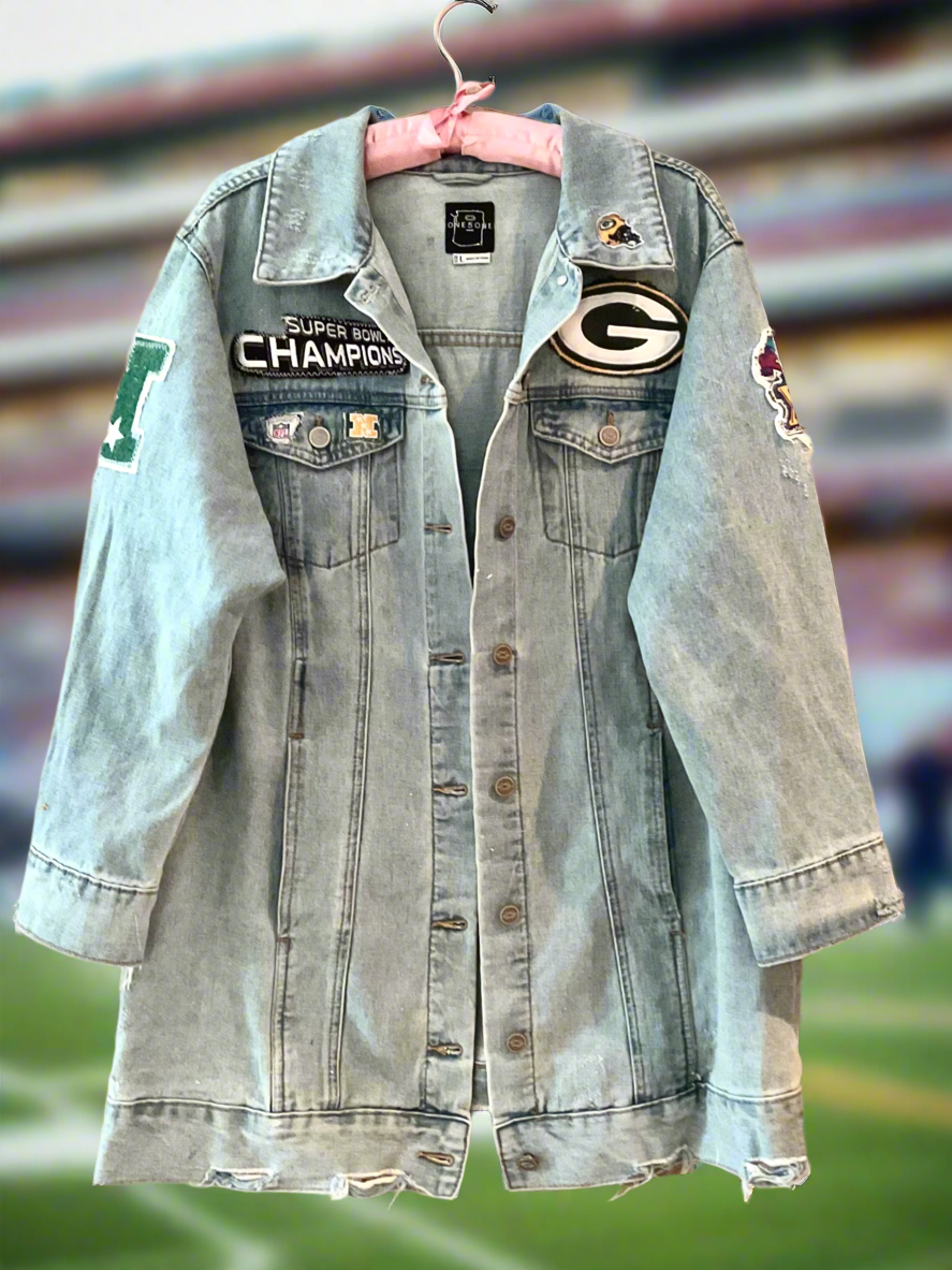 Reworked Oversized Game Day Denim Jean Jacket with Fringe