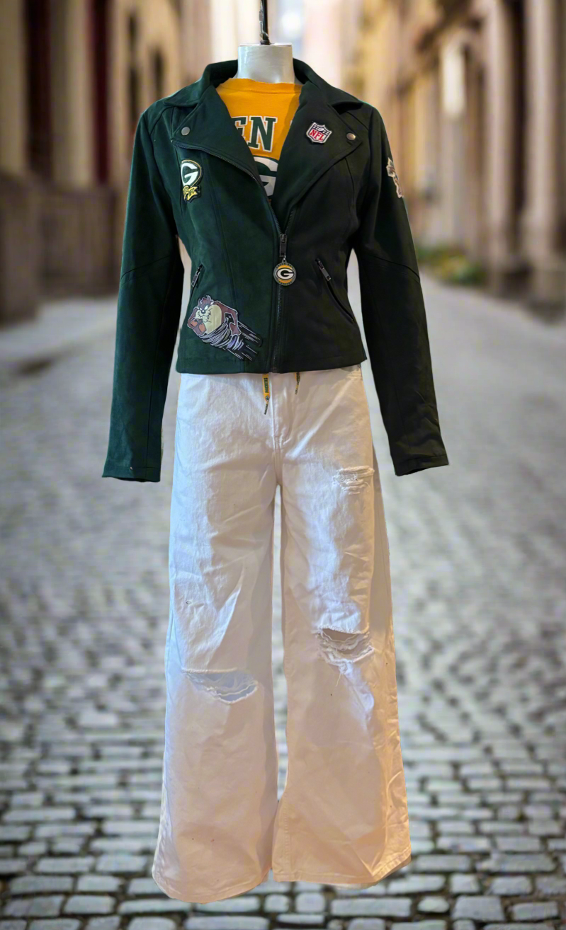 Reworked Green Moto Style velvet Packers Game Day Jacket