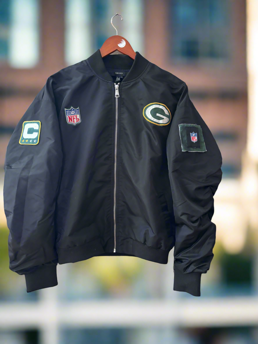 Reworked Green Bay Packers Black Satin Bomber Jacket