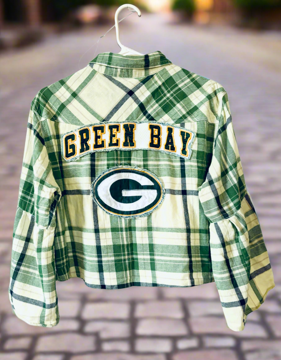 Reworked Packers cropped Game Day Flannel Shirt