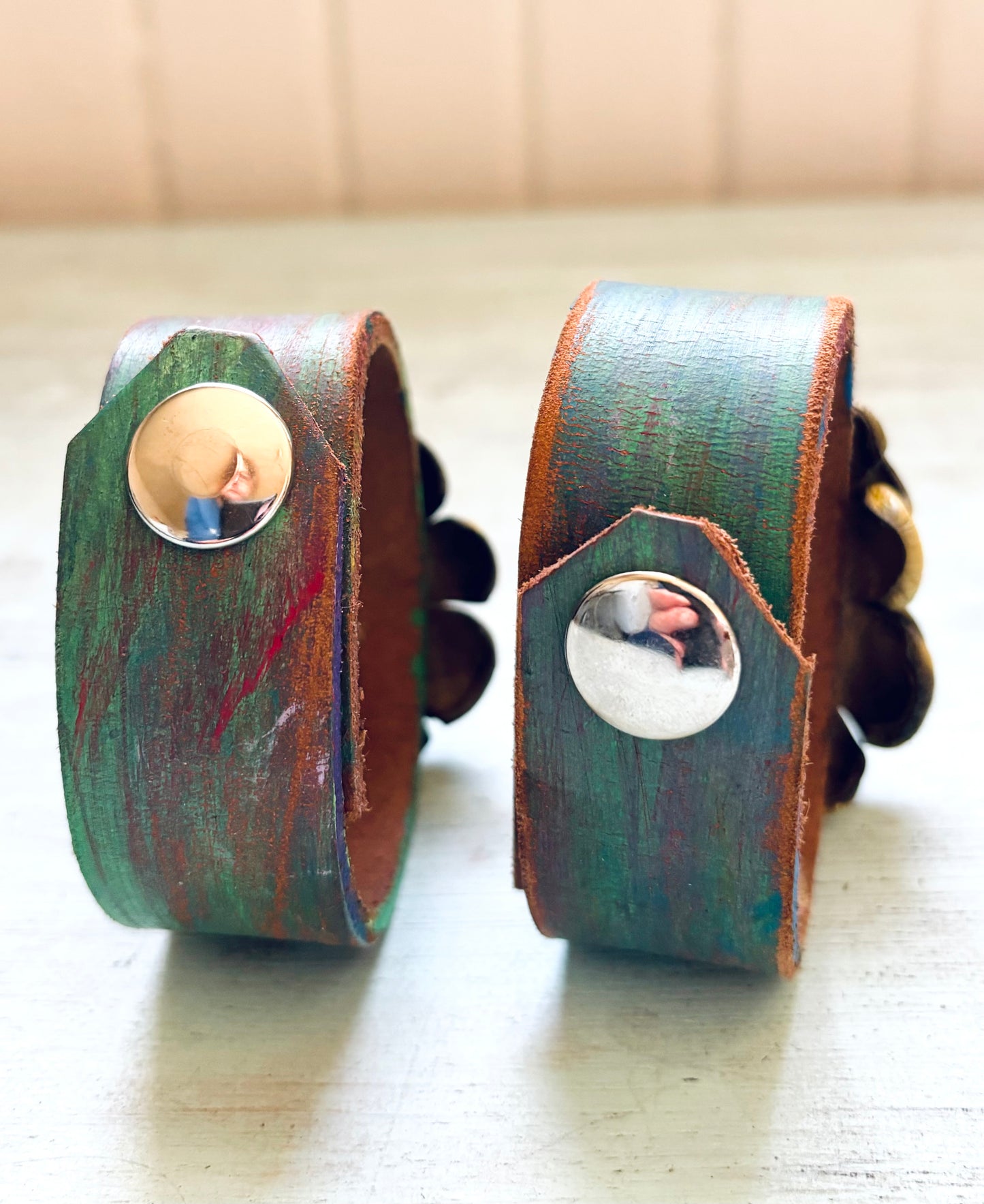 Handmade reworked Leather Flower Bracelet