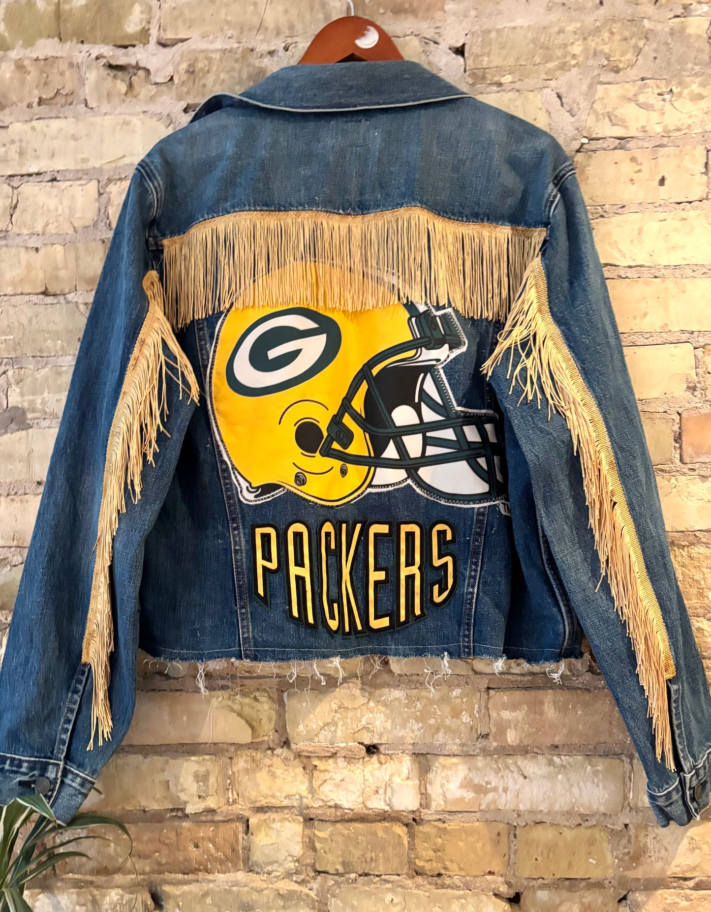 Reworked Distressed cropped Game Day Denim Jean Jacket with Fringe