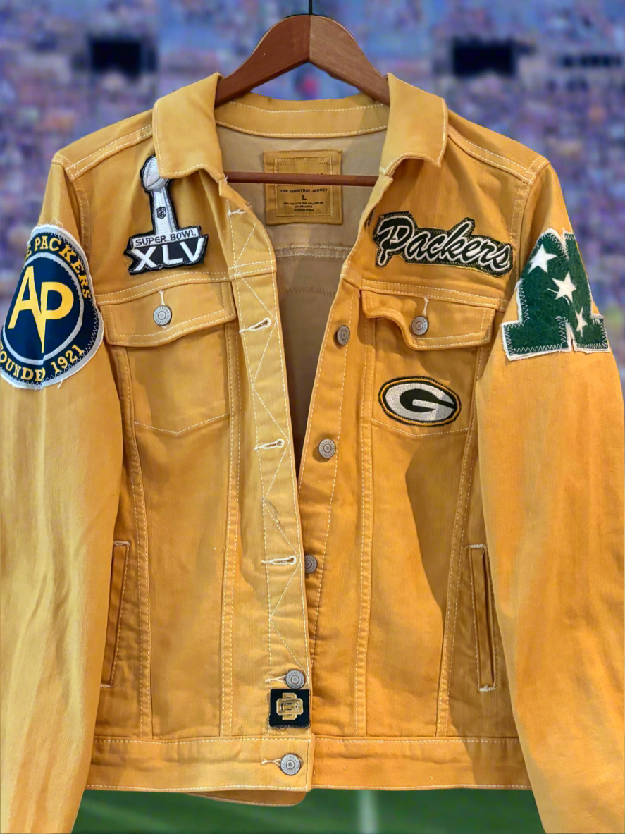 Reworked Packers Game Day Denim Jean Jacket with Fringe