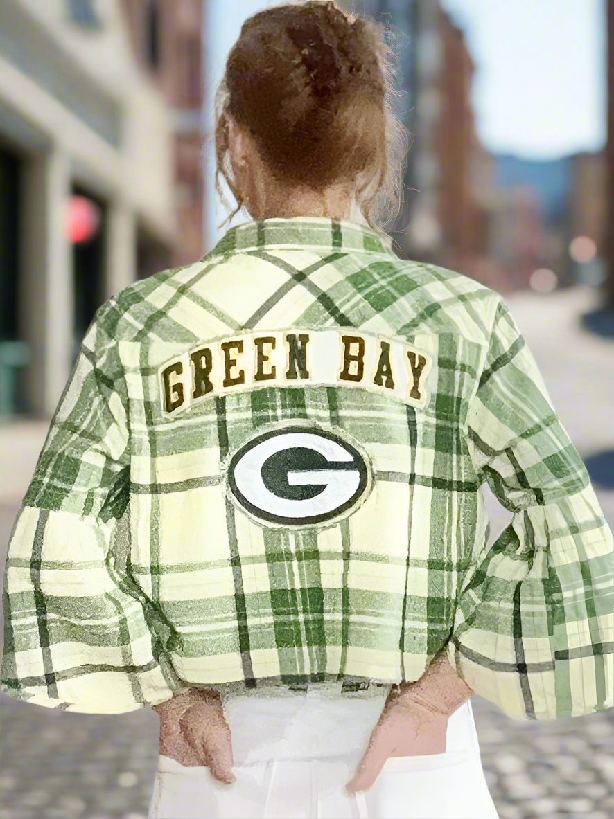 Reworked Packers cropped Game Day Flannel Shirt