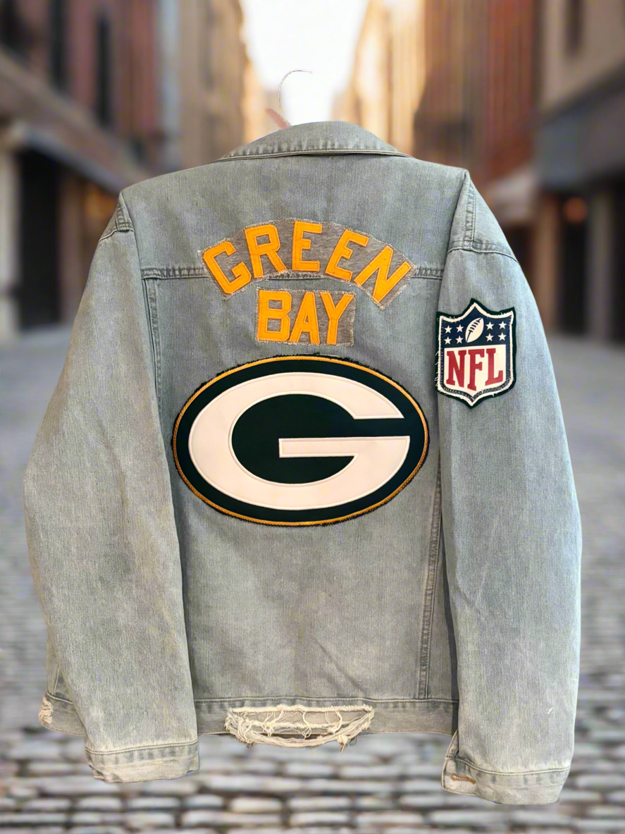 Reworked oversized distressed Game Day Denim Jean Jacket