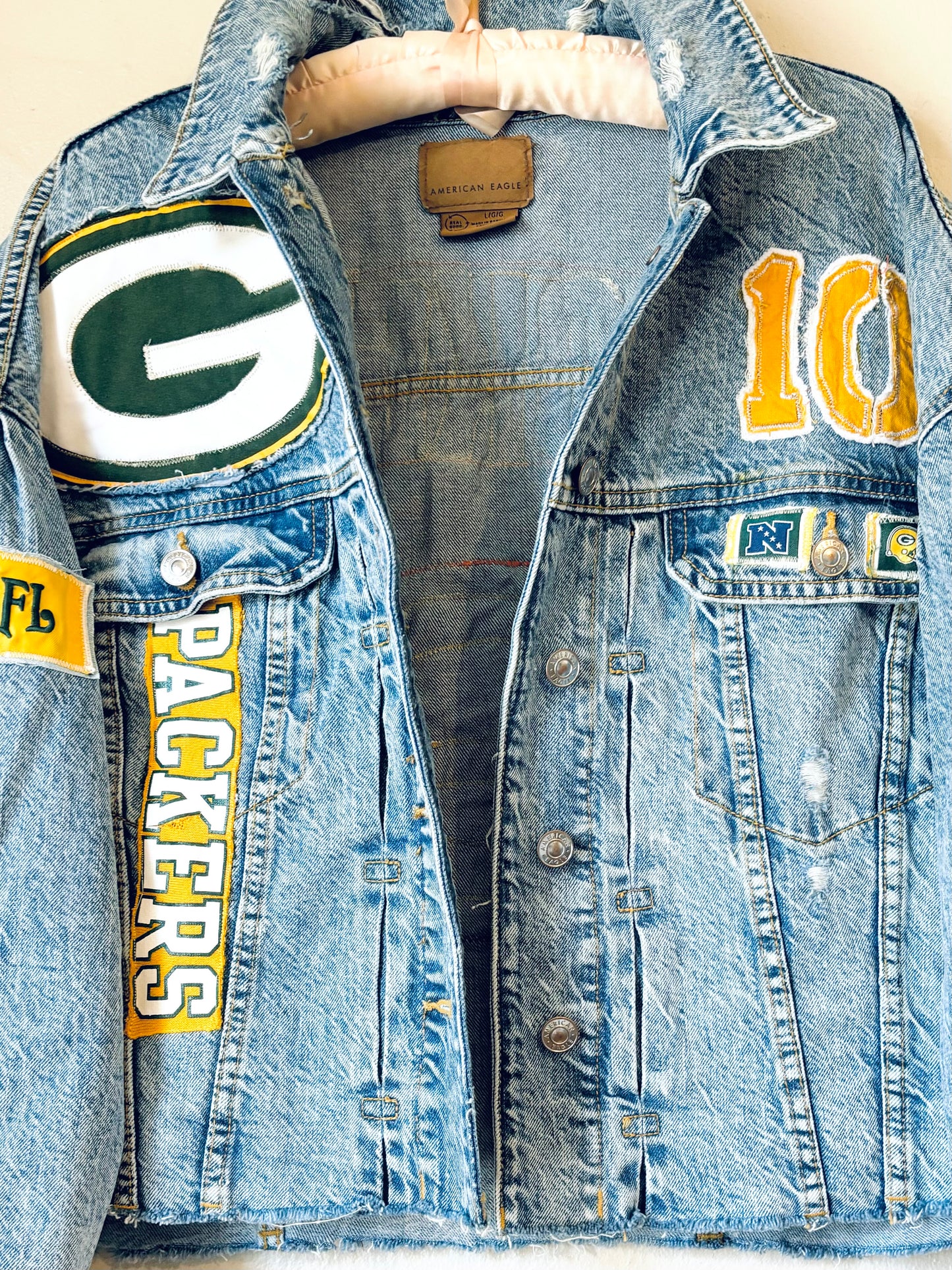 Reworked Retro Acid Washed cropped Game Day Denim Jacket