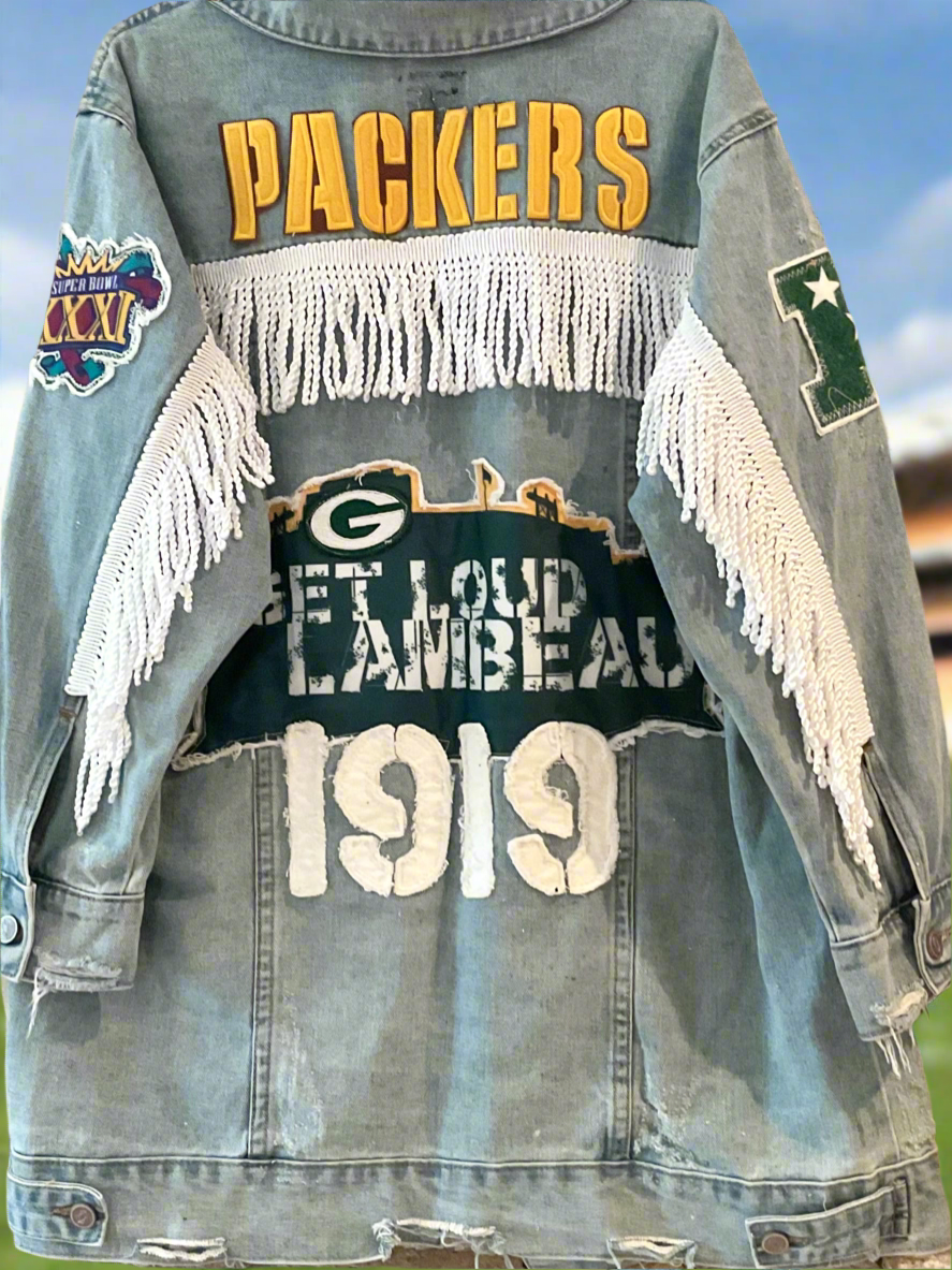 Reworked Oversized Game Day Denim Jean Jacket with Fringe