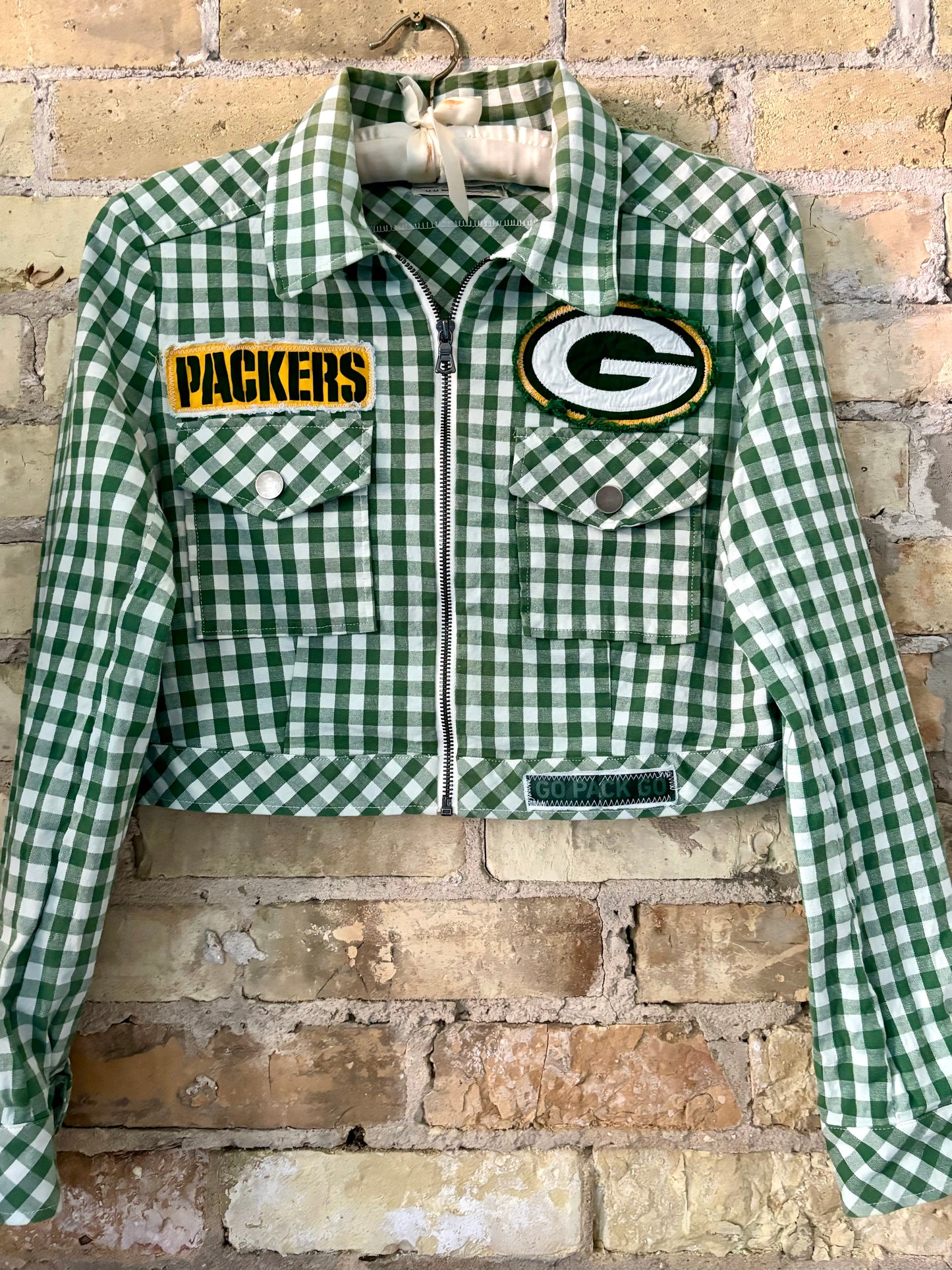 Reworked Retro Green Gingham Cropped Game Day Jacket