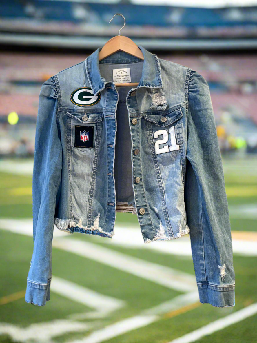 Reworked cropped and Distressed Game Day Denim Jean Jacket