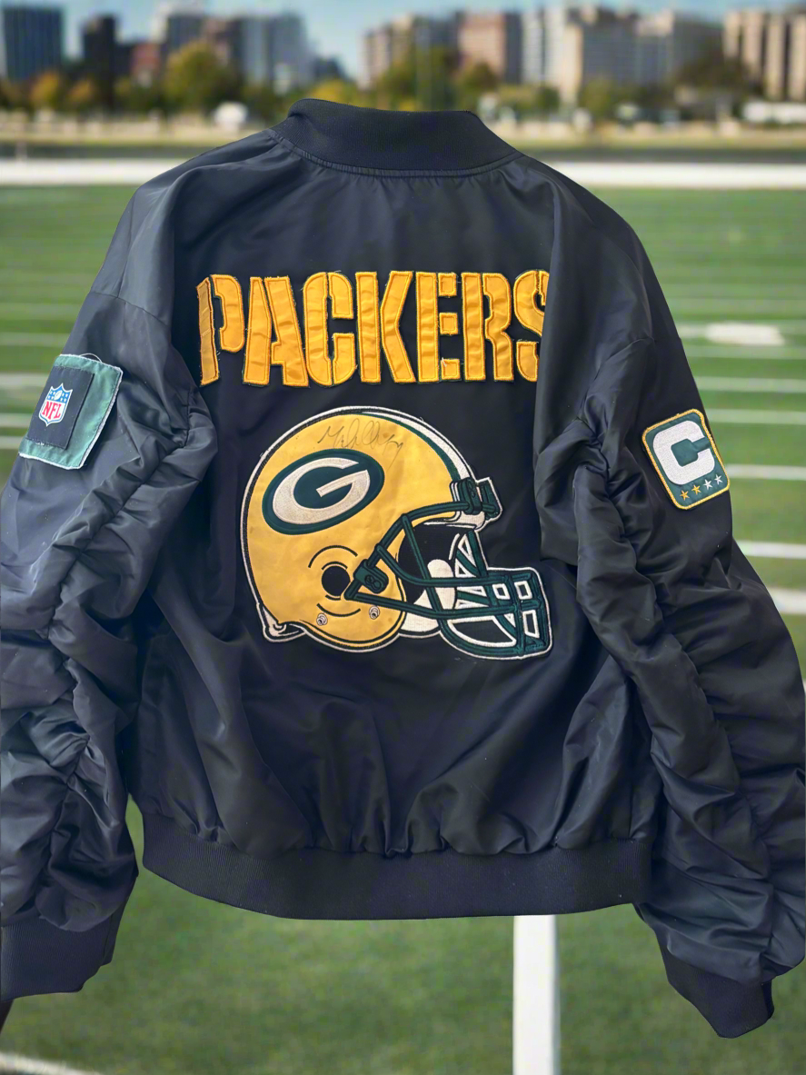 Reworked Green Bay Packers Black Satin Bomber Jacket