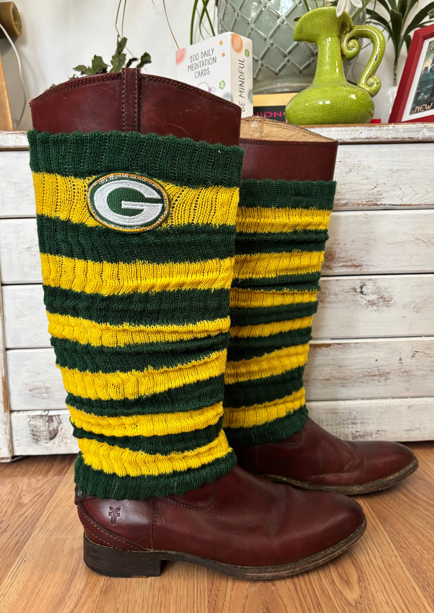 Striped Green & Yellow Packers Game Day Boot /Leg Warmers O/S