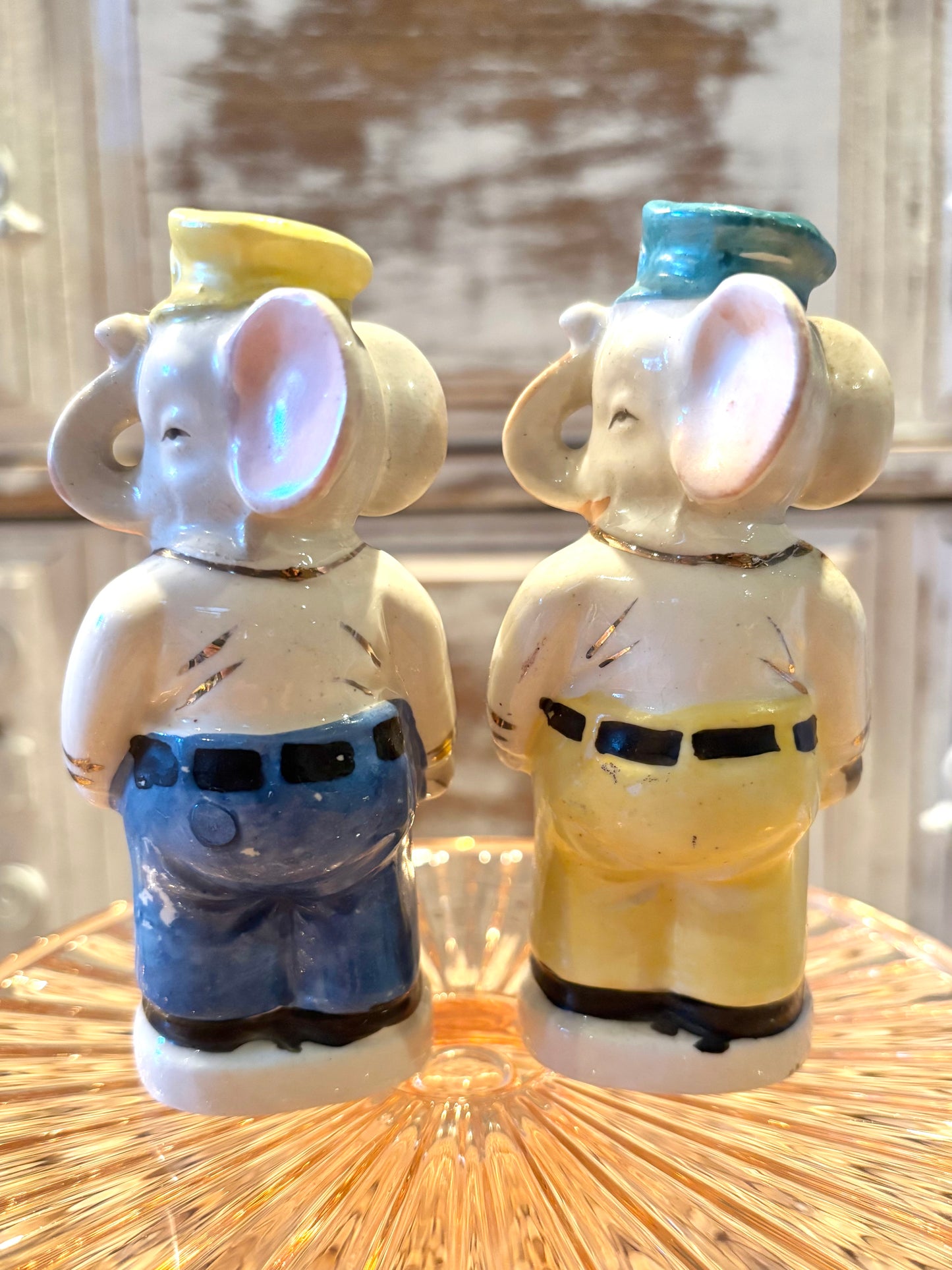 Vintage Rare Police Elephants Trunk up Salt & Pepper Shaker set
