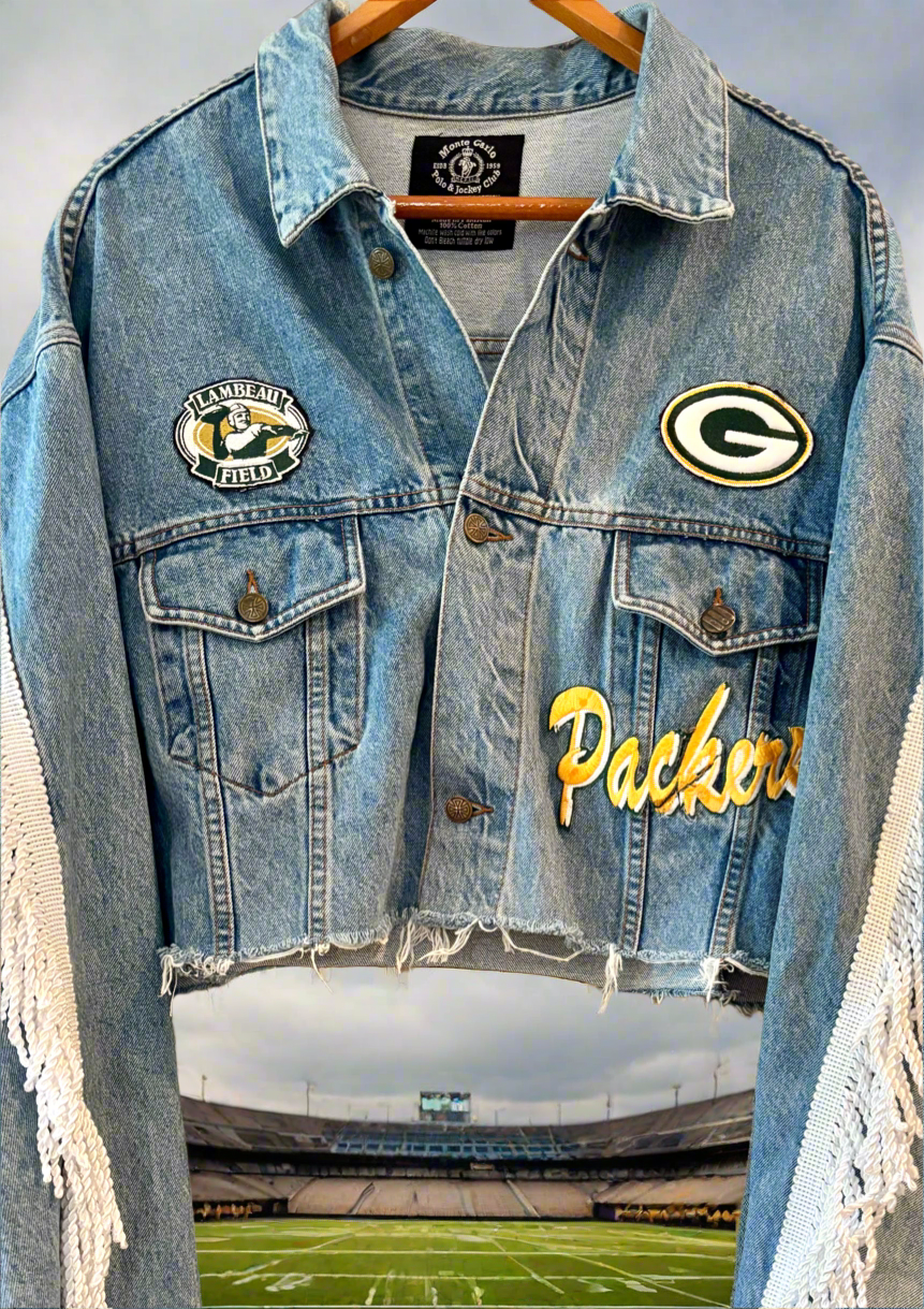 Reworked cropped Game Day Denim Jean Jacket with Fringe