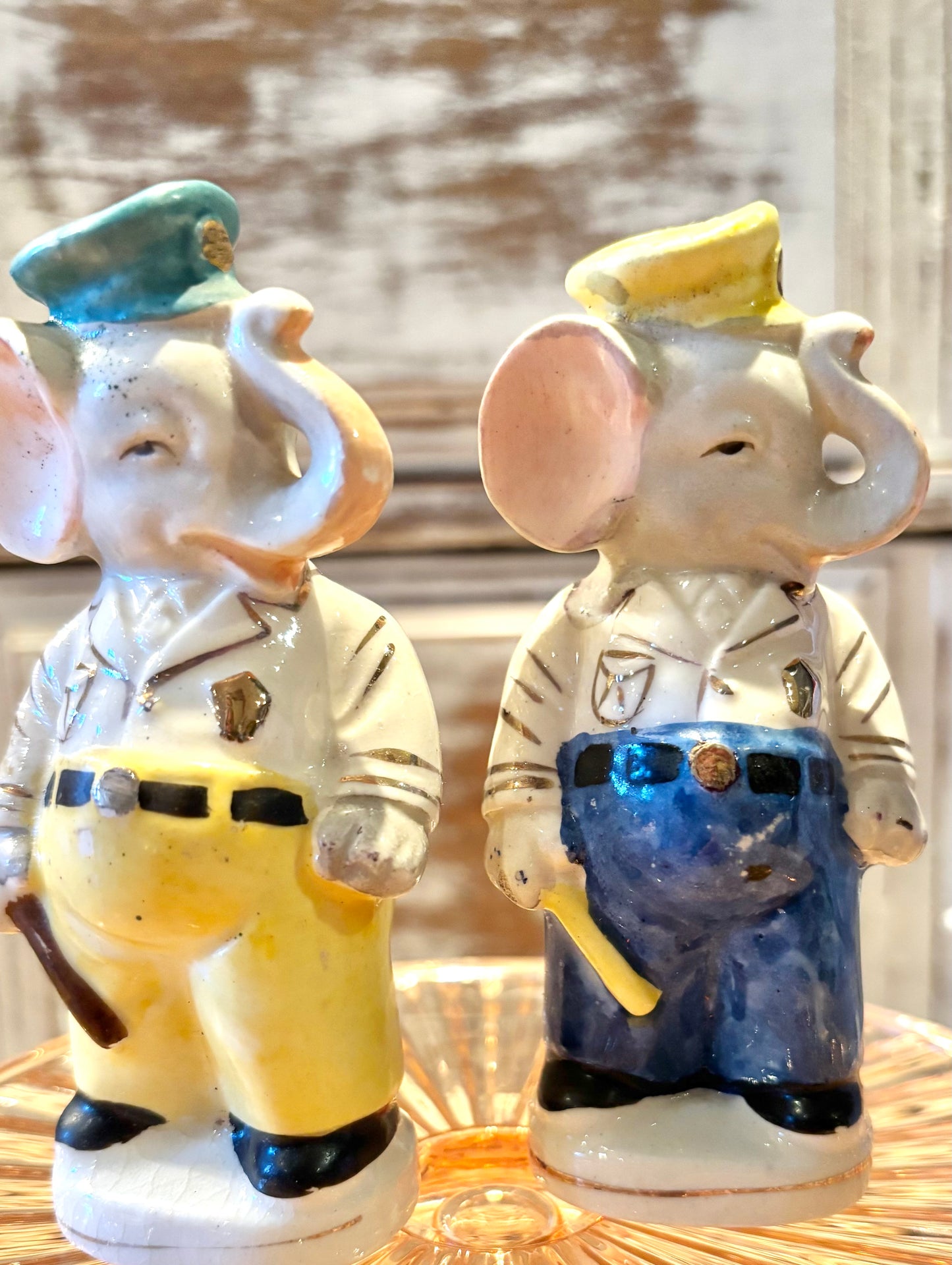 Vintage Rare Police Elephants Trunk up Salt & Pepper Shaker set