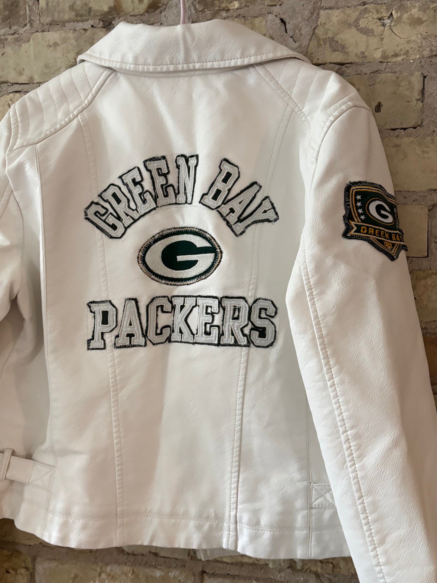 Reworked White Leather Moto Game Day Jacket