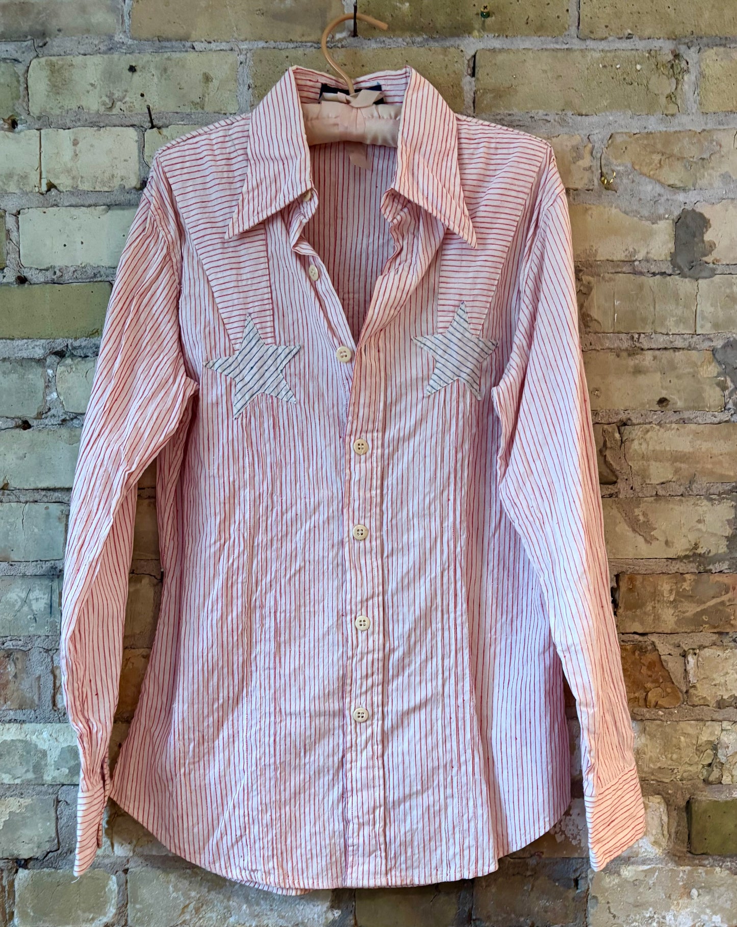 Vintage 70’s pinstripe Patchwork Button up cotton shirt Blouse