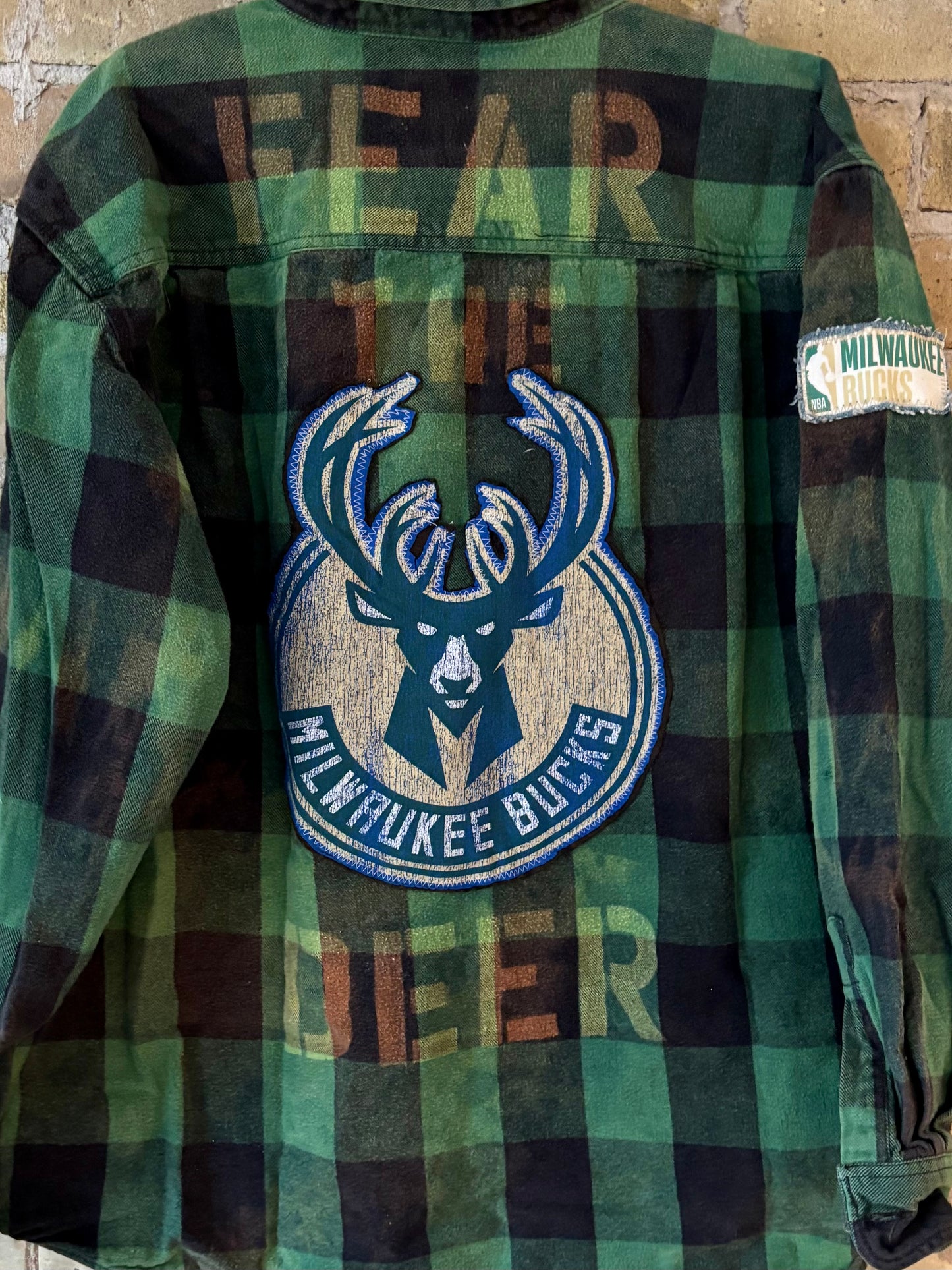 Reworked Bucks Distressed Game Day Flannel Shirt