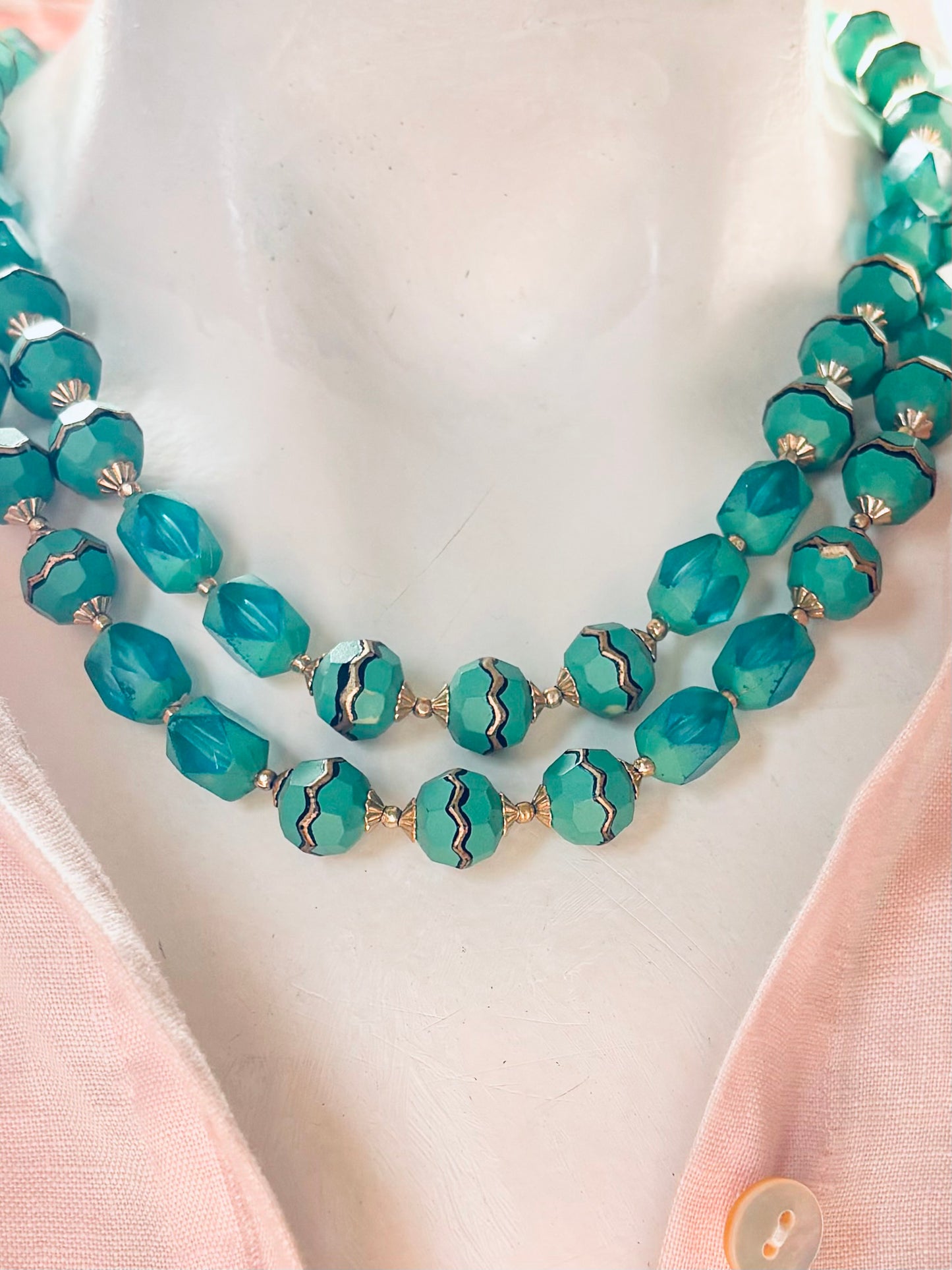Vintage Turquoise & Gold double Strand beaded Necklace