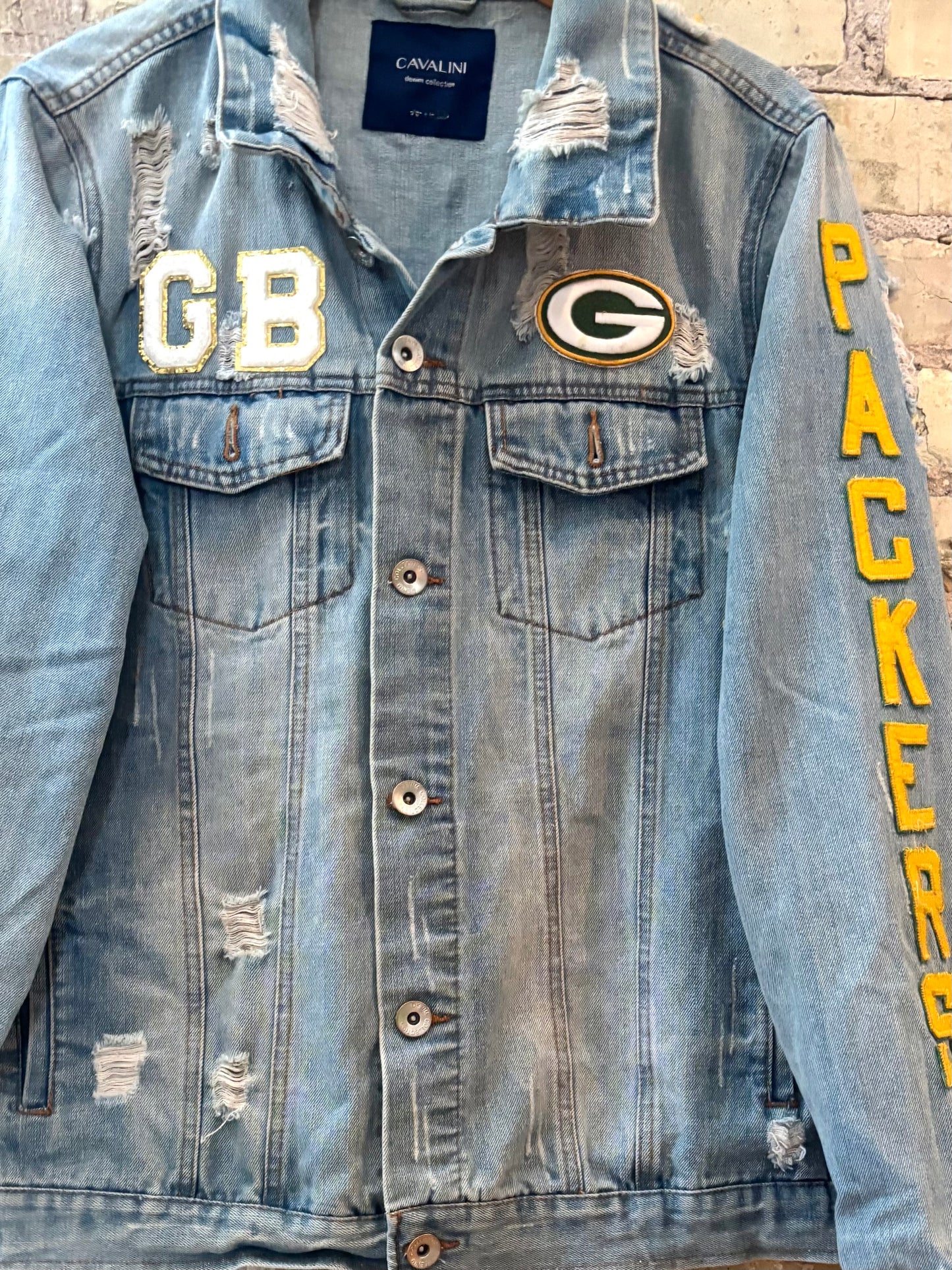 Reworked Packers oversized distressed Game Day Denim Jean Jacket